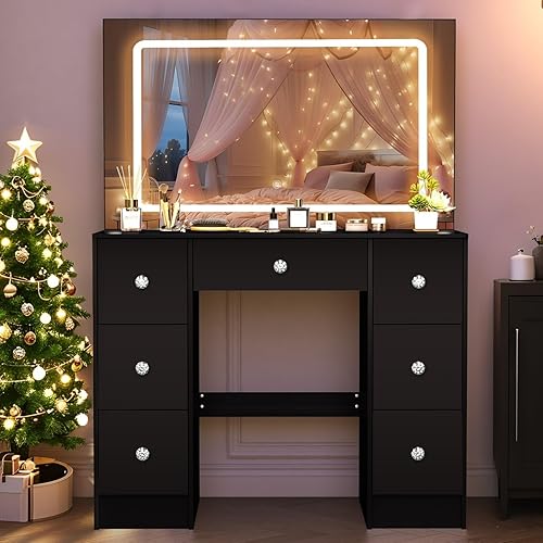Miniatura 22 de Escritorio pequeño de tocador con espejo y luces, tocador de maquillaje con 6 cajones, 6 estantes y espejo LED deslizante, 3 modos de luz ajustable,