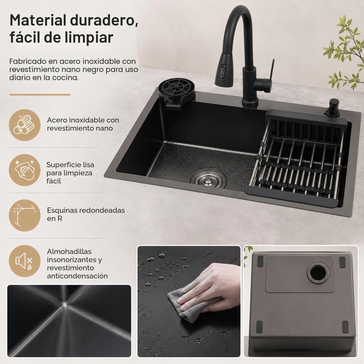Fregadero de cocina negro de acero inoxidable 60x45 cm, fregadero empotrado de 1 seno con grifo extraíble, cesta de escurrido, dispensador de jabón y dispensador de detergente, resistente a los