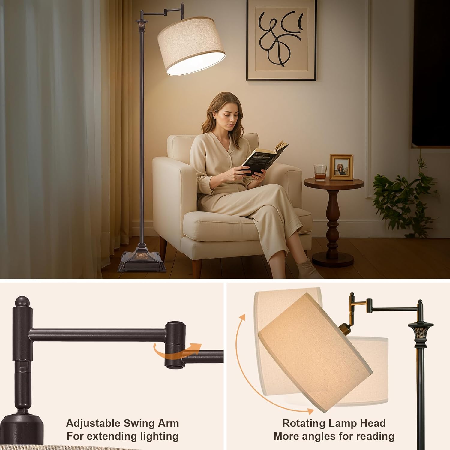Scenekoy Vintage 68″ Tall Smart LED Floor Lamp for Living Room Bedroom, Remote Control Traditional 350º Adjustable Swing Arm Standing Lamp with Linen Shade, Decor for Reading House Home Office
