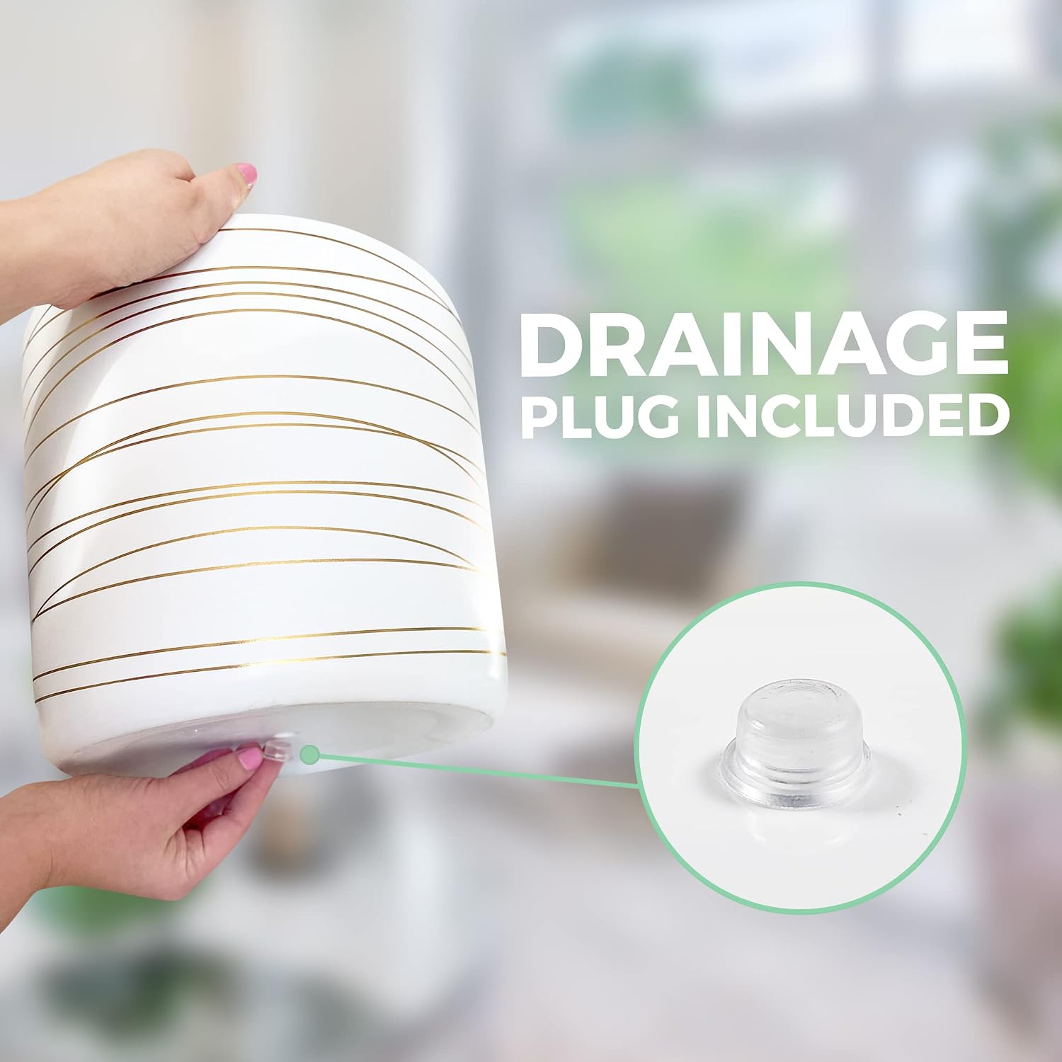 Willowy 12 Inch Ceramic Pot - Matte White with Metallic Gold Stripes - Drainage Plug Included
