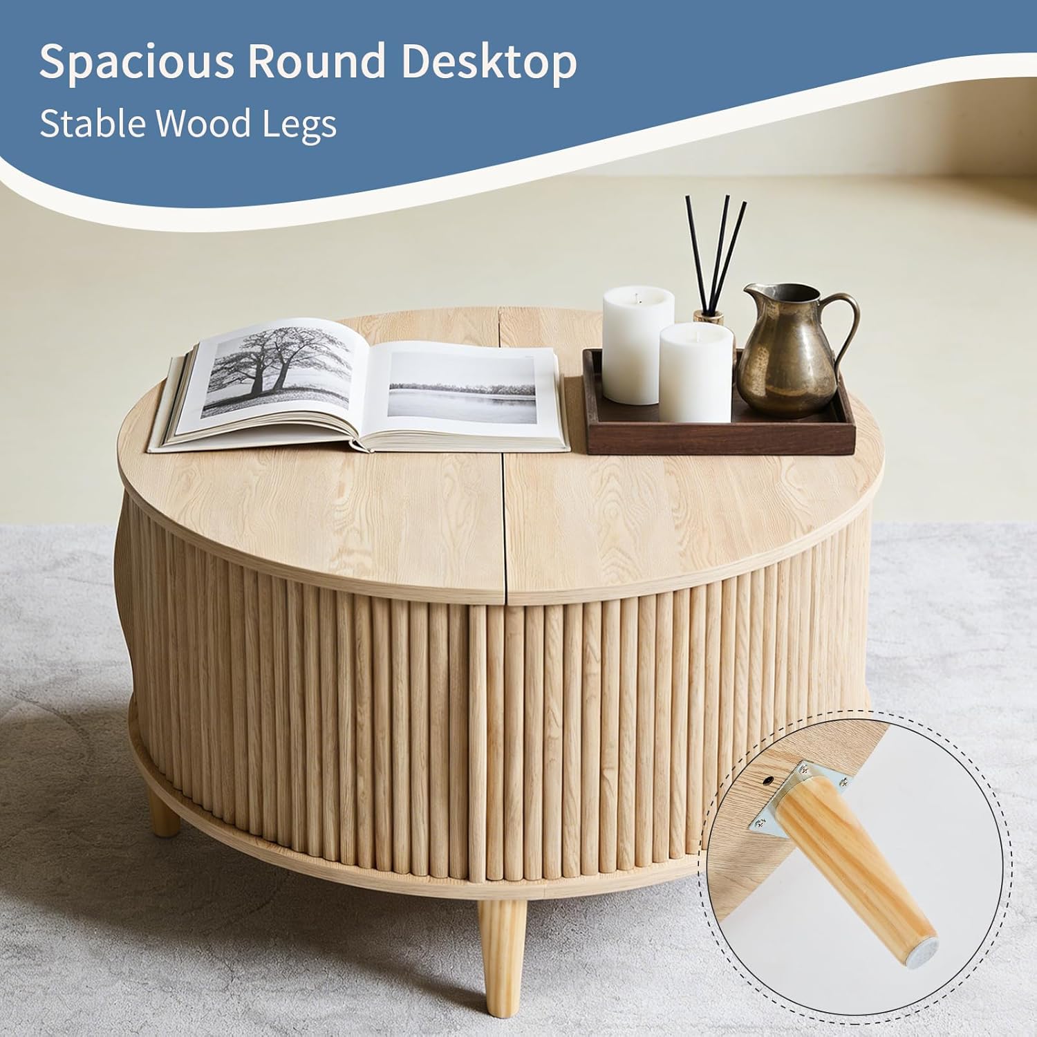 Coffee Table, Round Lift Coffee Tables with Storage, Fluted Center Table for Living Room, 31.69" Mid Century Modern Table with Sliding Cabinet Door, 2-Tier Rustic Wood Desktop, Natural Wood