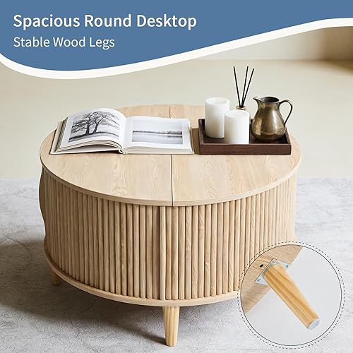 Vista 7 de DUMOS Mesa auxiliar, mesas de centro redondas con almacenamiento, mesa central acanalada para sala de estar, mesa moderna de mediados de siglo