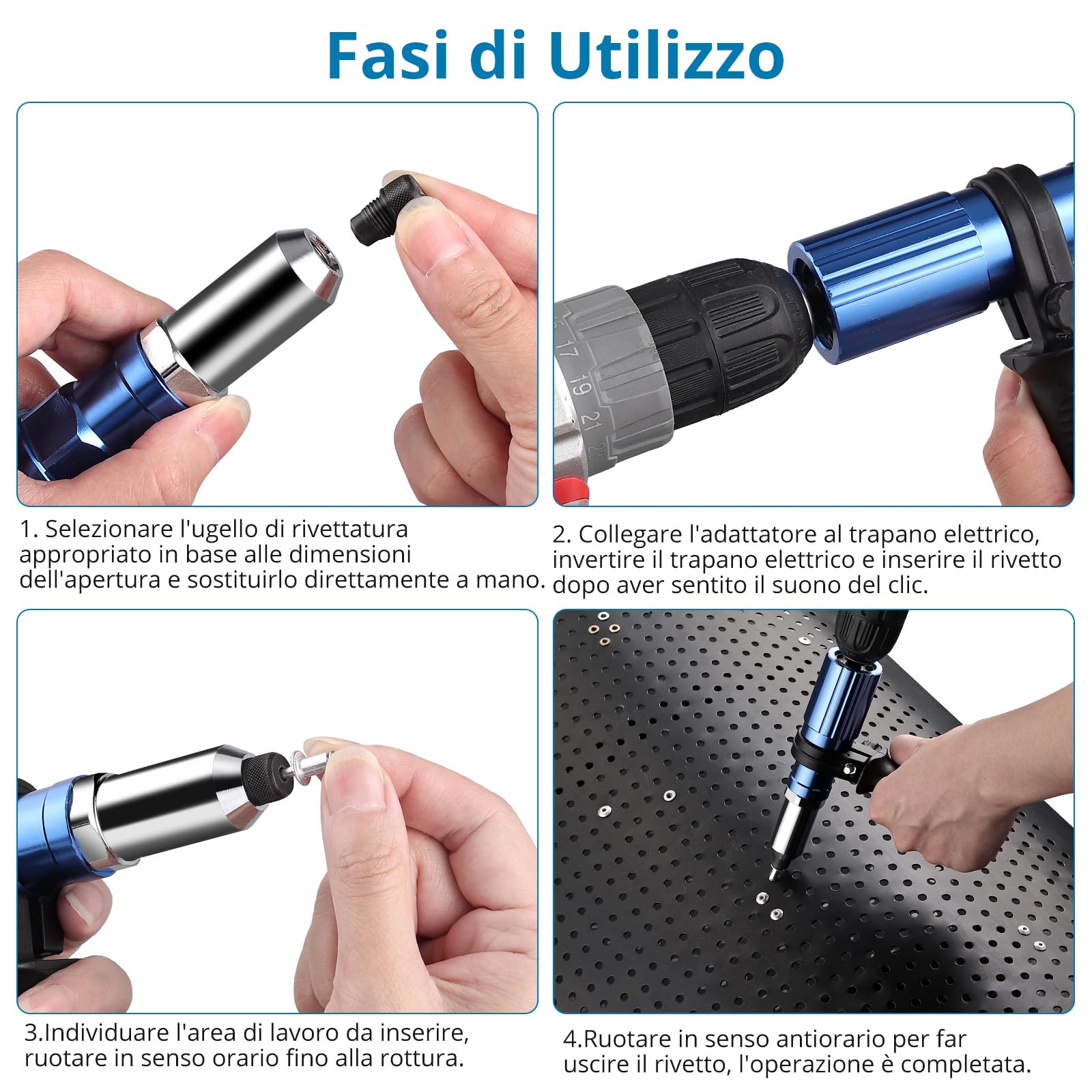 AUTOUTLET Rivetto per Trapano Avvitatore a Batteria, Adattatore Elettrico con 2,4/3,2/4,0/4,8 mm Naselli e 80 Rivetti Ciechi in Alluminio e Acciaio Inossidabile
