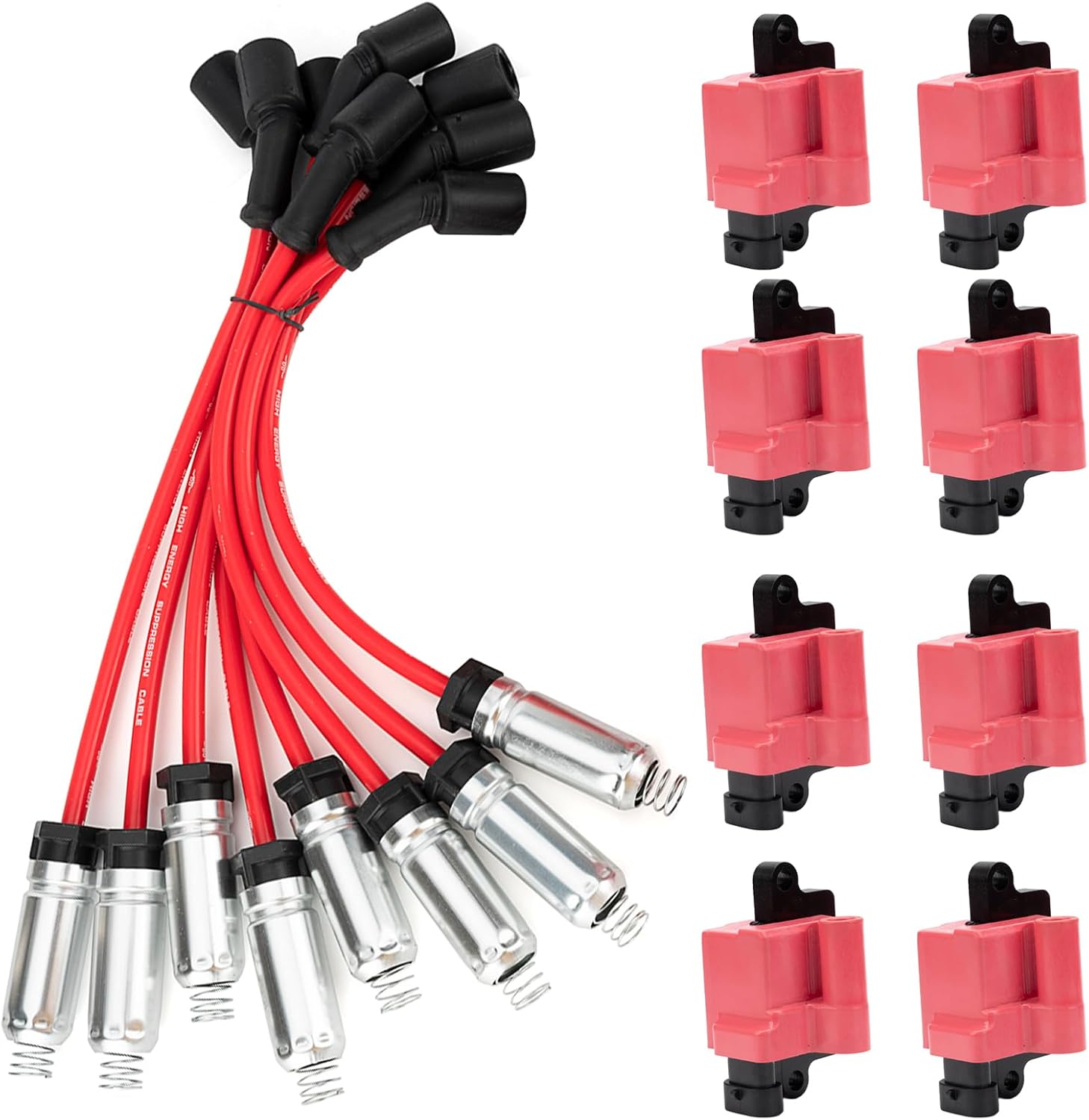 Ignition Coil Pack UF271 D581 & Plug Wire Kit Fit Chevy Silverado GMC Sierra 1500 2500 3500 Avalanche Suburban Tahoe Yukon Cadillac Escalade Hummer H2 Express Savana Carlo 5.3L 6.0L(Square)