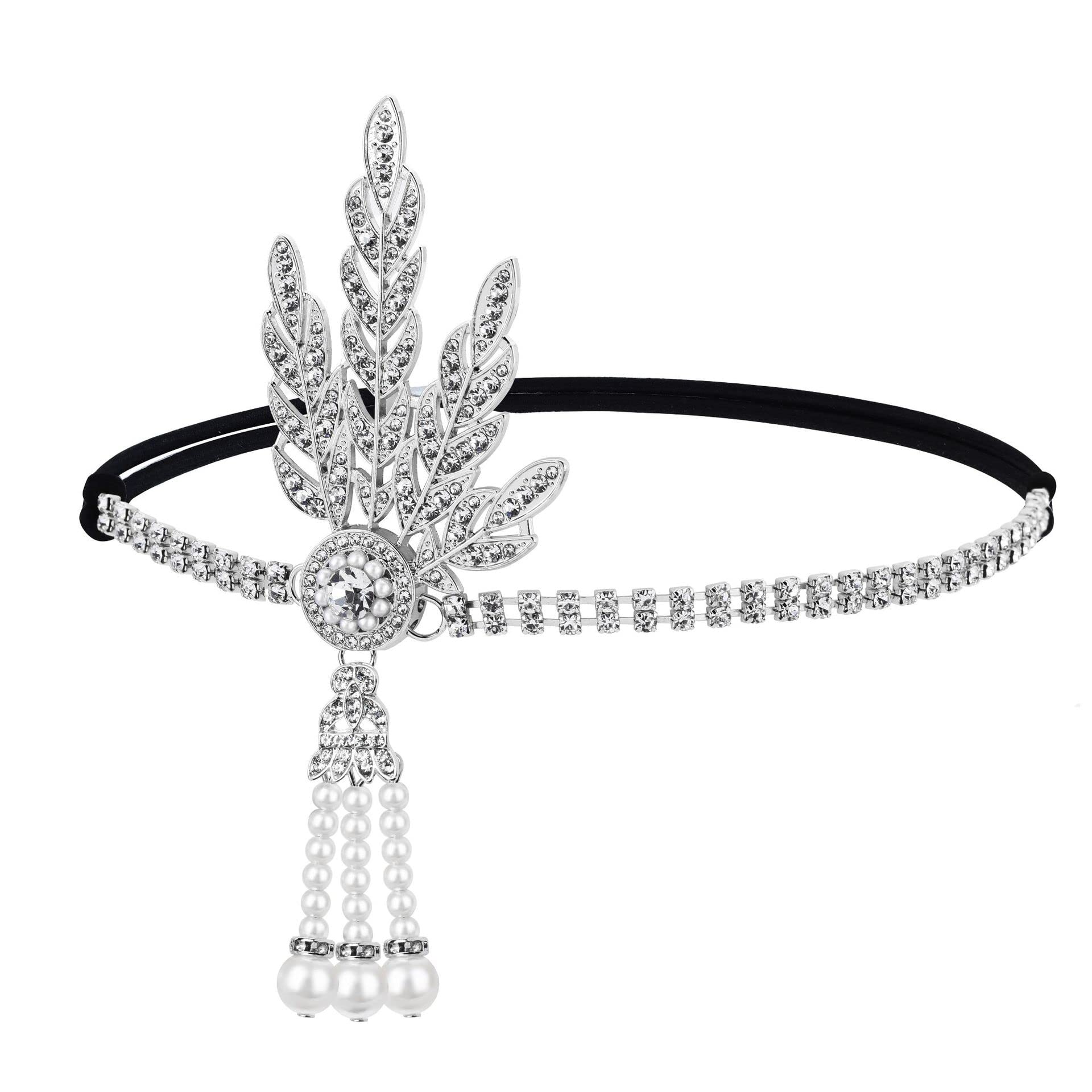 HPMAISON 1920s Headband Flapper Headpiece Great Gatsby Accessories Women Gatsby Headband Girls Vintage Themed Party Costume Roaring Fascinator Silver Leaves Headpiece Flapper Girl Hat Pearl Tassel