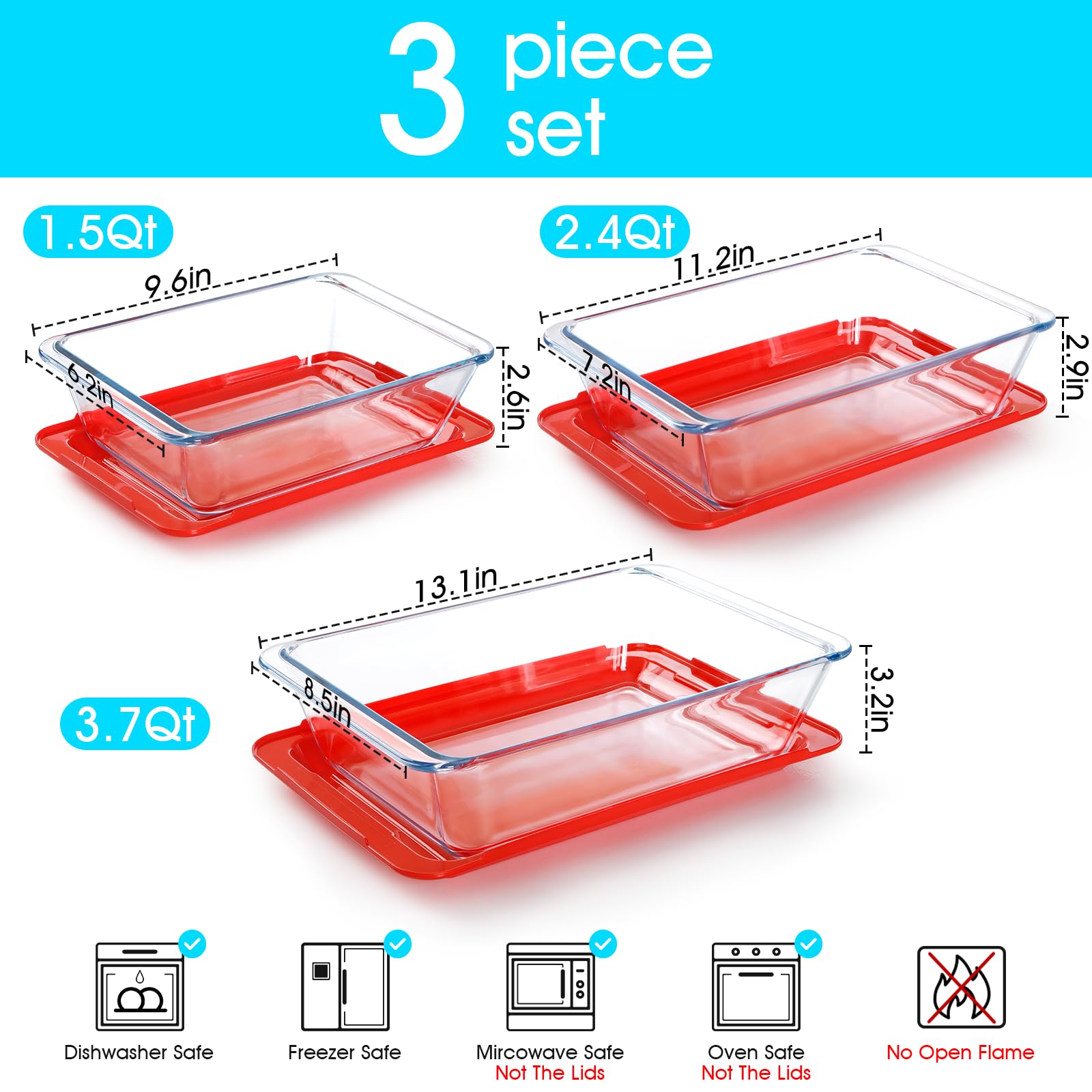 NUTRIUPS Set mit 3 tiefen Glas-Backformen mit Deckel, tiefe Lasagneform mit Deckel, Lasagneform für den Ofen, rechteckige Glas-Backformen (rechteckig mit Deckeln, 1,5 + 2,4 + 3,7 Qt)