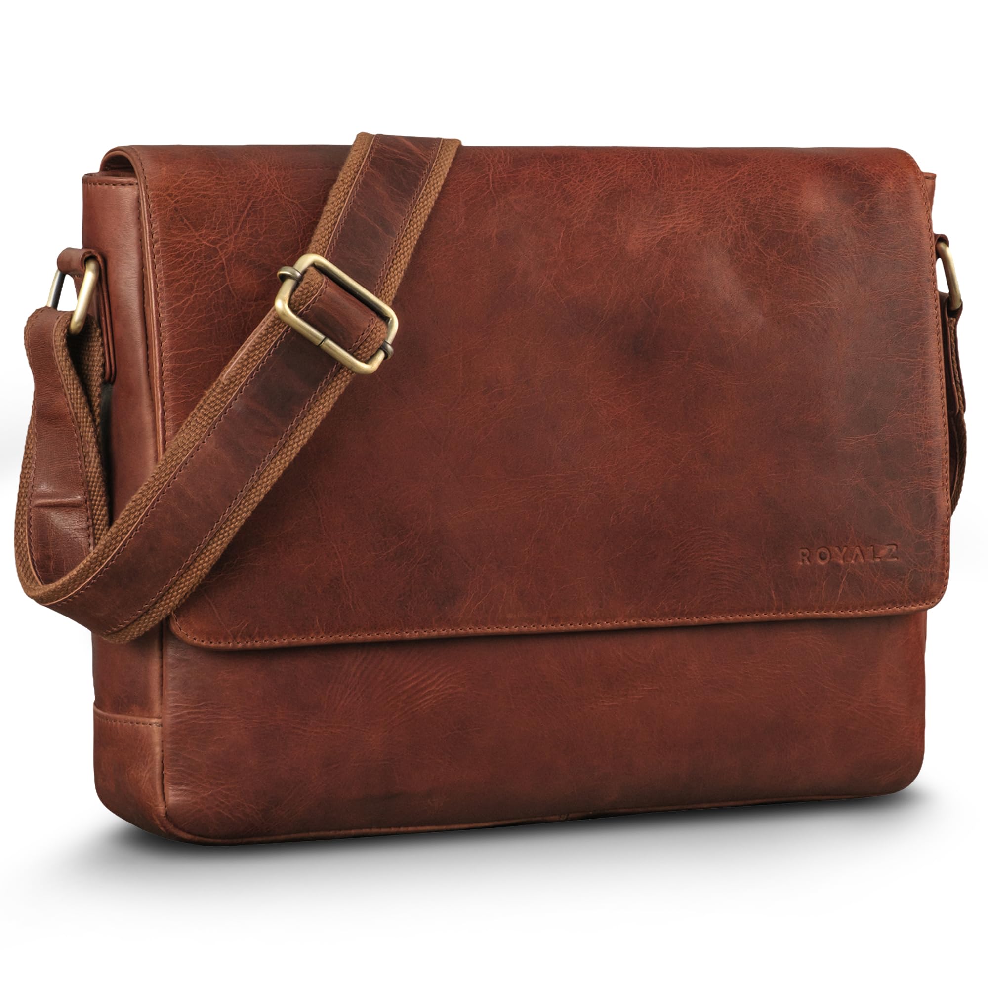 ROYALZ "San Diego Sac Bandoulière Homme Cuir Véritable – Sacoche Ordinateur Portable 13.3-14 Pouces, Messenger Bag Plate Cuir Vintage, Travail Business Université Bureau