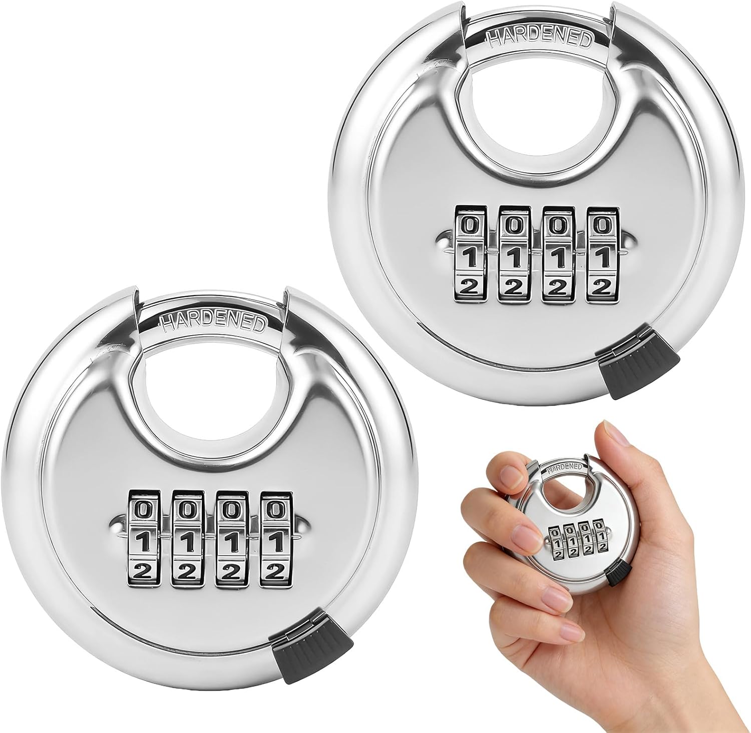 Pack of 2 Padlock Combination Lock Stainless Steel with 4 Digits 70 mm Round Shackle Lock Weatherproof Discus Lock Padlock with Combination Code for Shed Storage Unit Bicycle Silver