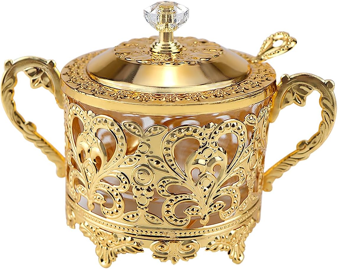 Vintage Glass Sugar Bowl with Lid and Spoon Kitchen Food Canister Condiment Pot Spice Glass Jar Sugar Container for Home, Restaurant Kitchen（Gold）