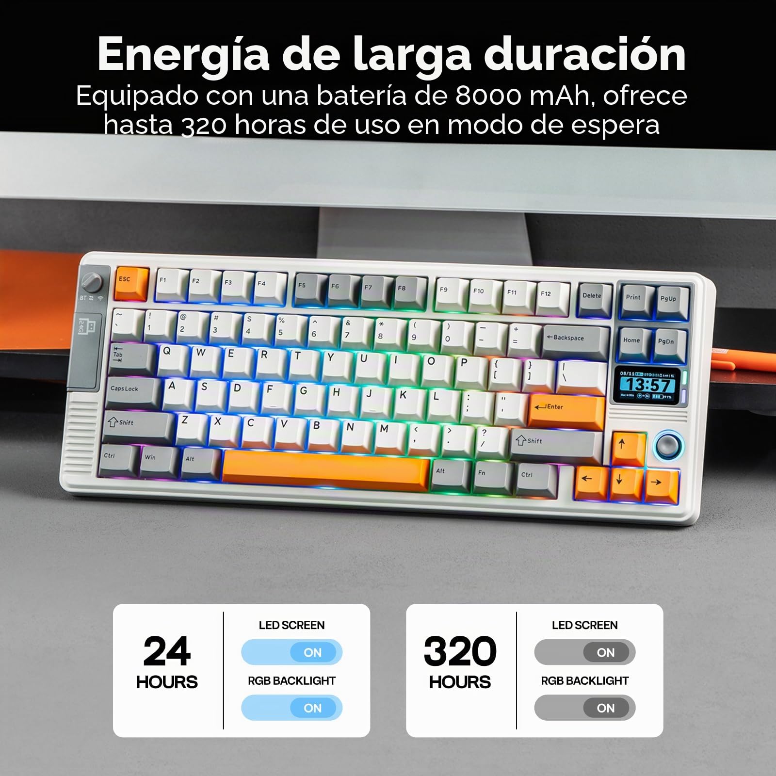 EPOMAKER RT85 Teclado Gaming Mecánico Inalámbrico con Joystick,Blanco Retro | Pantalla Personalizable, 8000mAh, BT/USB/2.4Ghz, Gasket, Acolchado de 5 Capas, Hot-Swap, Teclas PBT, Wisteria Linear Switch