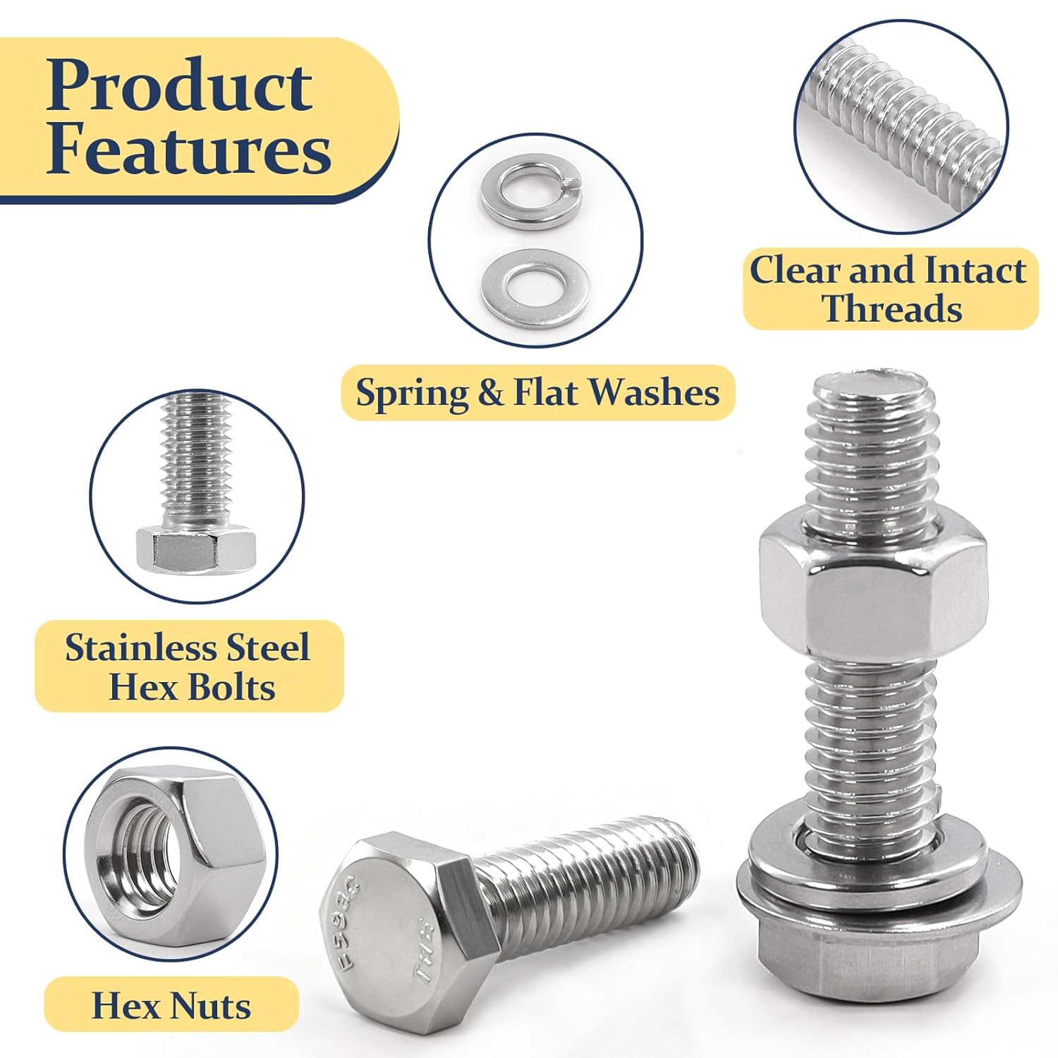 260PCS Nuts and Bolts Assortment Kit, 304 Stainless Steel Hex Bolt and Nut Kit with 1/4-20, 5/16-18, 3/8-16 Assorted Bolts Nuts and Washers, SAE Hex Bolt Set with Case