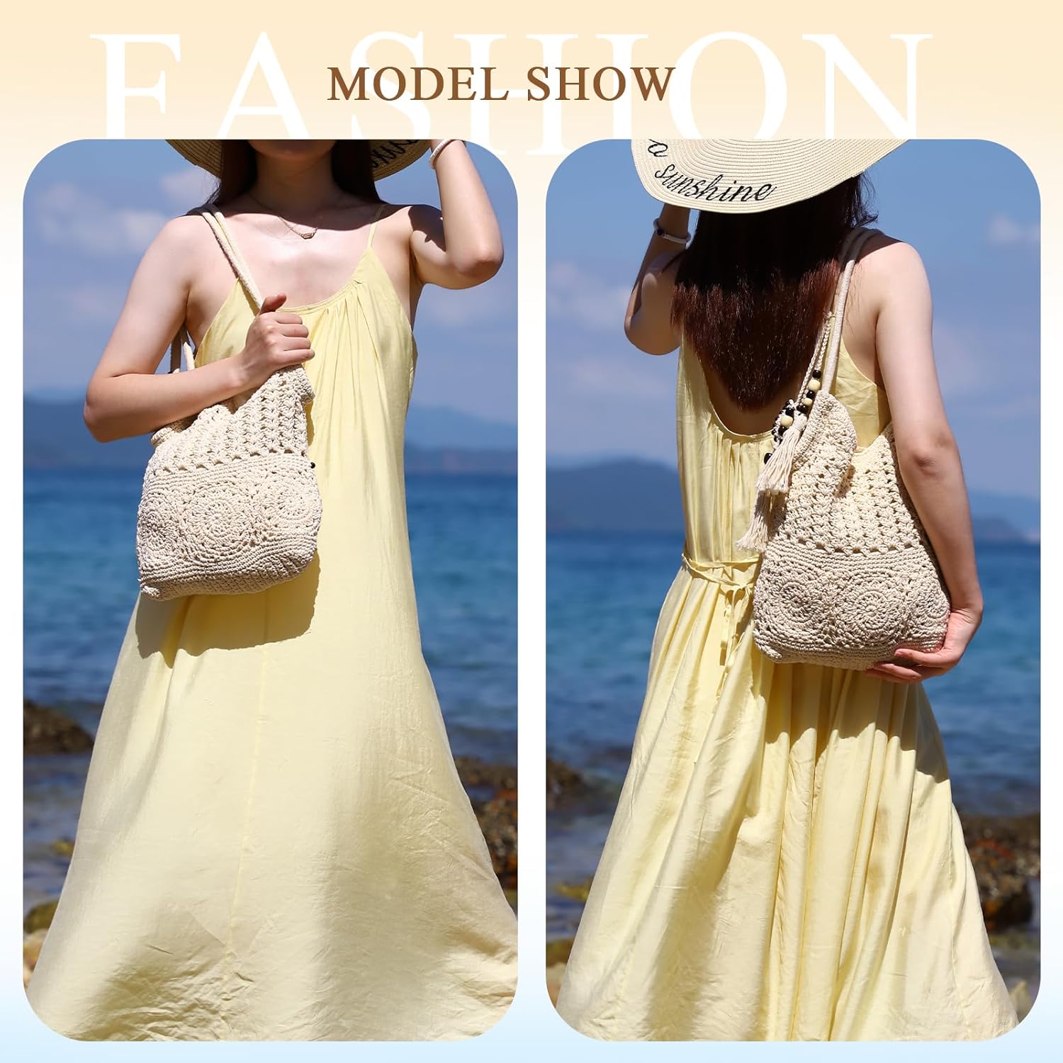 GOKTOW Crochet Shoulder Bag for Women Summer Beach Tote Bags Handwoven Cotton Hobo Vacation Purse with Tassel