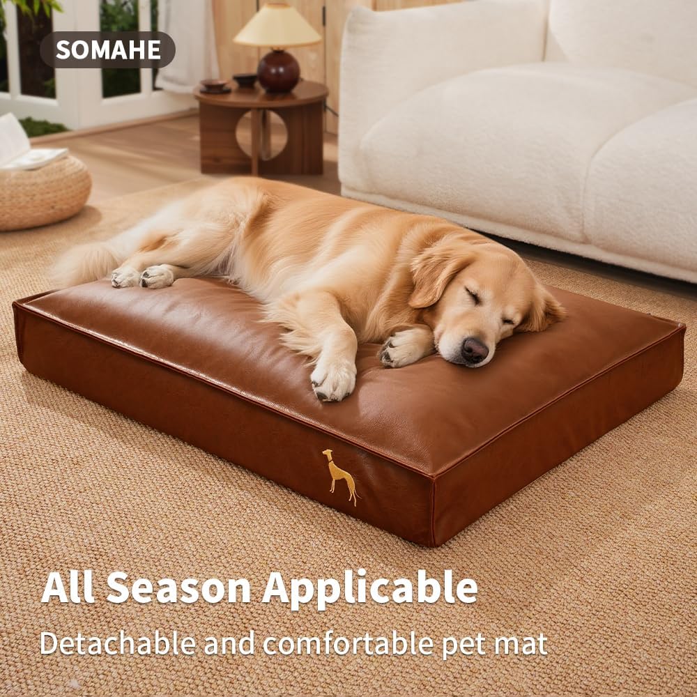 Dog Bed Medium Size Dog Orthopedic Beds for Small Dogs with Removable Washable PU Leather Cover Waterproof Brown 35.4×27.5×4inch L (35.4×27.5×4)In Brown