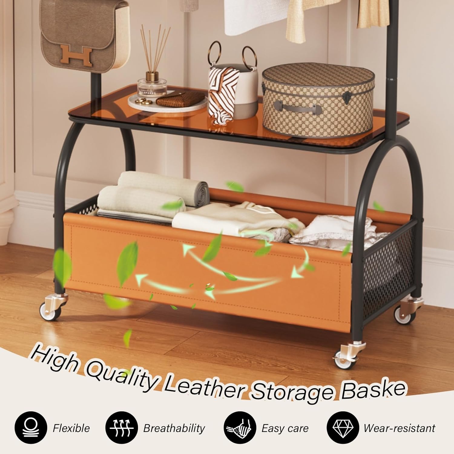 Clothes Hanging Rack with Storage Basket - Rolling Clothing Rack with Shelf, Black Metal Garment Rack with Lockable Wheels and Hooks, Heavy Duty Freestanding Dress Up Stand for Entryway Bedroom