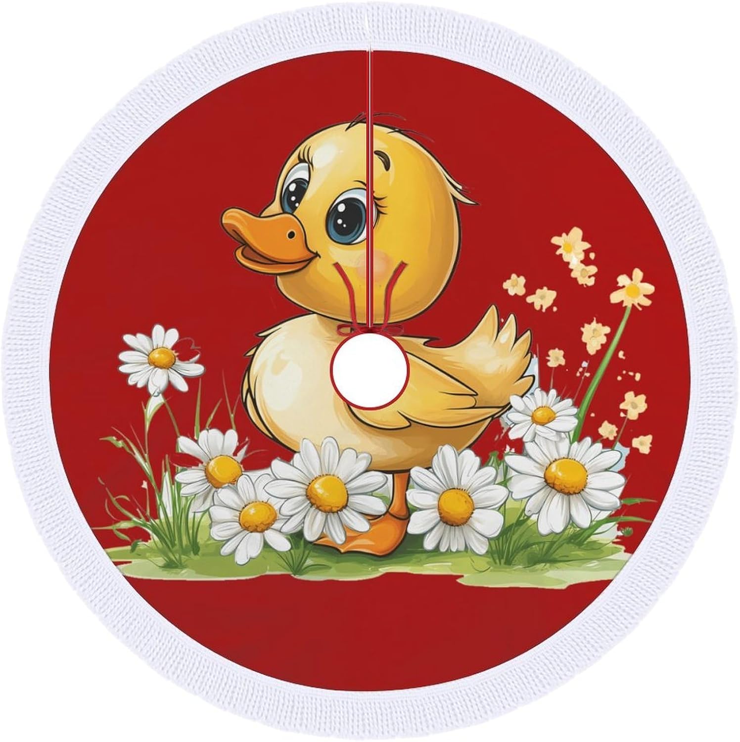 Duck Flower Christmas Tree Skirt Round Xmas Tree Mat Ornaments Tree Skirts with Tassels for Holiday Party