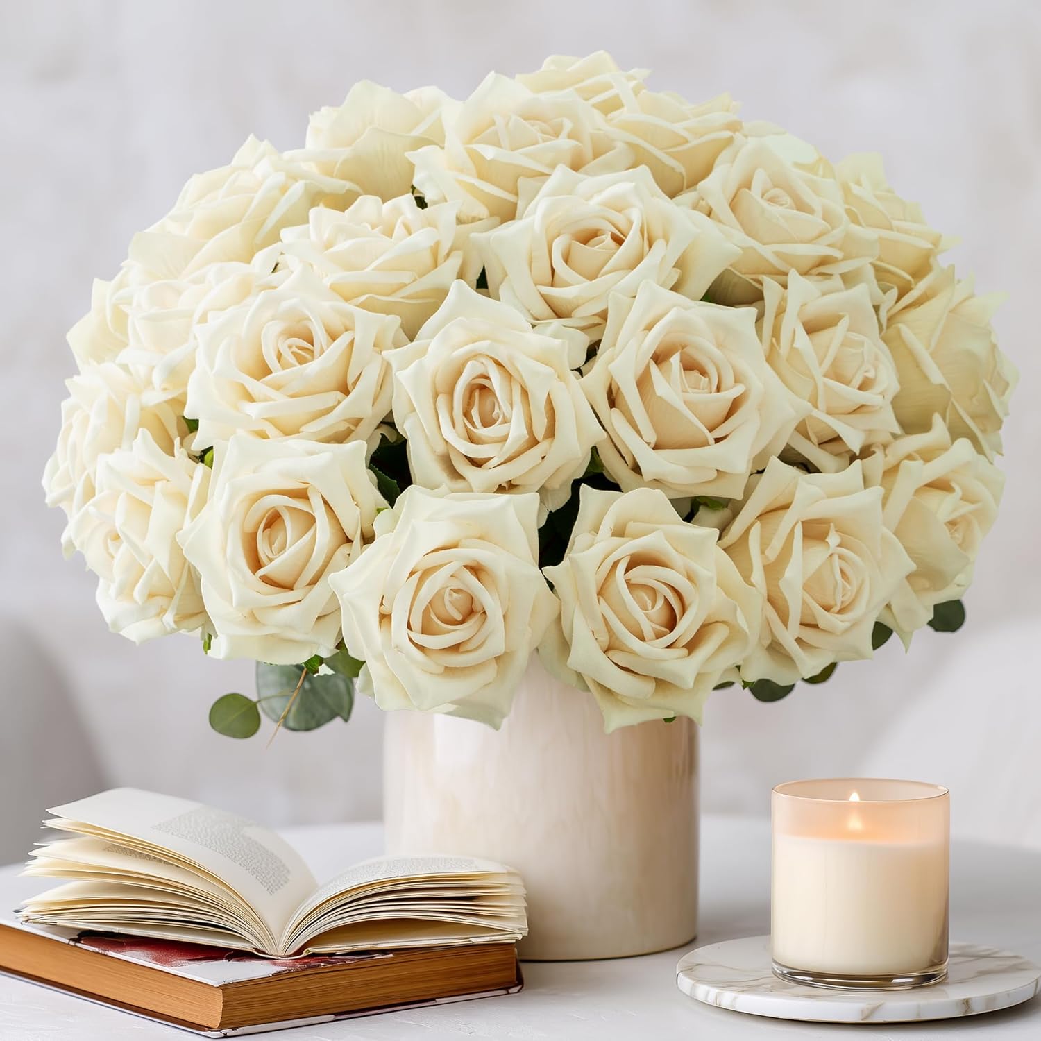 Fake Roses Faux Flowers 24PCS Silk Roses Artificial Roses with Stems Realistic Artificial Flowers Suitable for Indoor Home Decoration DIY Bouquet Wedding Decor Party Decor 16.5In (White)