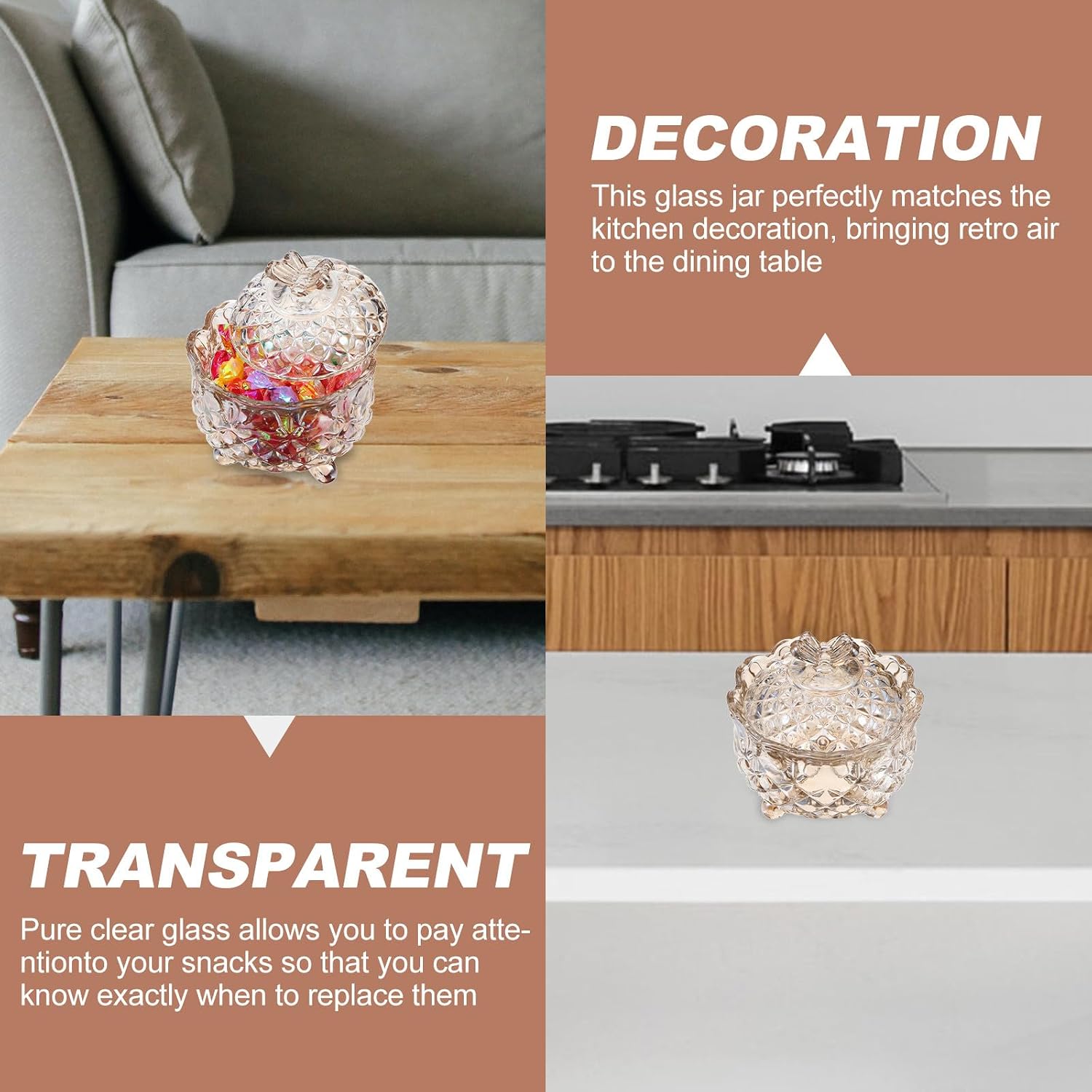 Cabilock Decorative Glass Candy Jar 280ml Embossed Crystal Storage Canister with Butterfly Lid Tea Color Artistic Glass Craft for Home Décor and Display