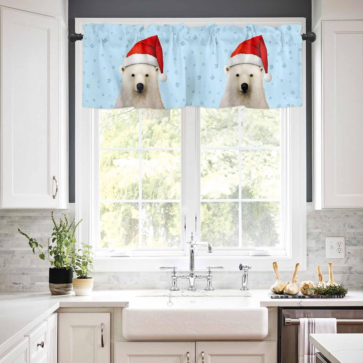 Curtain Valance 54" x 18", Merry Christmas Bear Window Valances Rod Pocket Curtains Drapes, Christmas Snowflake Blue Short Topper Curtain for Kitchen Cafe Living Room, 1 Panel