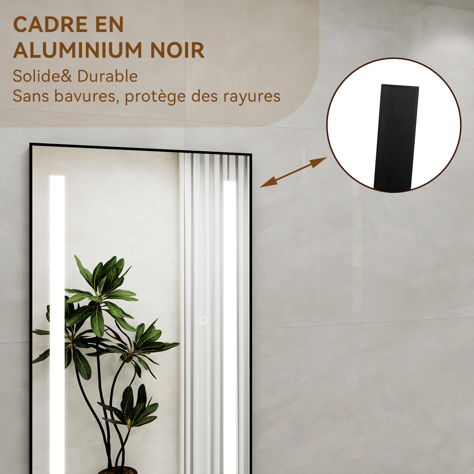 Grand Miroir sur Pied LED 150x50cm, Miroir Plein Pied Mural, 3 Couleurs Dimmable, Cadre Aluminium, Rectangulaire Noir