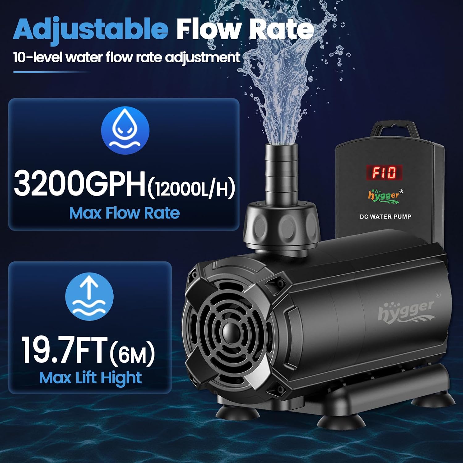 hygger Submersible Pump 3200GPH, 80W Water Fountain Pump With Controller | 12000L/H, with 19.7ft. High Lift, 17ft. Power Cord, 6 Nozzles for Fish Tank, Outdoor Pond, Aquarium, Statuary, Hydroponics