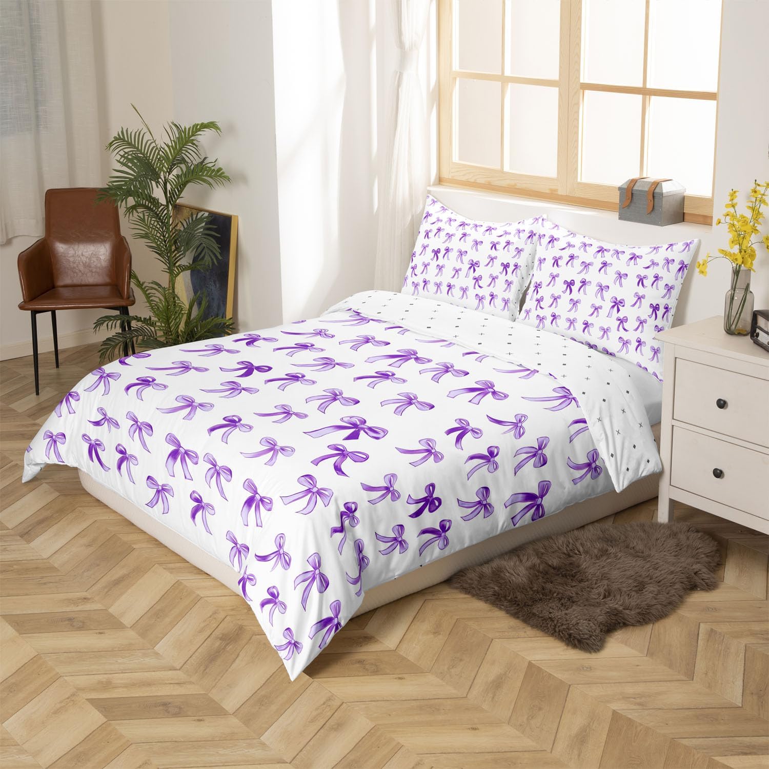 Erosebridal Cute Bowknot Duvet Cover Toddler Size No Comforter, Baby Pink Bow Tie Room Decor Bedding Sets for Kids Girls, Kawaii Cartoon Ribbon Printed Bed Set for Bedroom, Purple Dreamy Bedroom Set