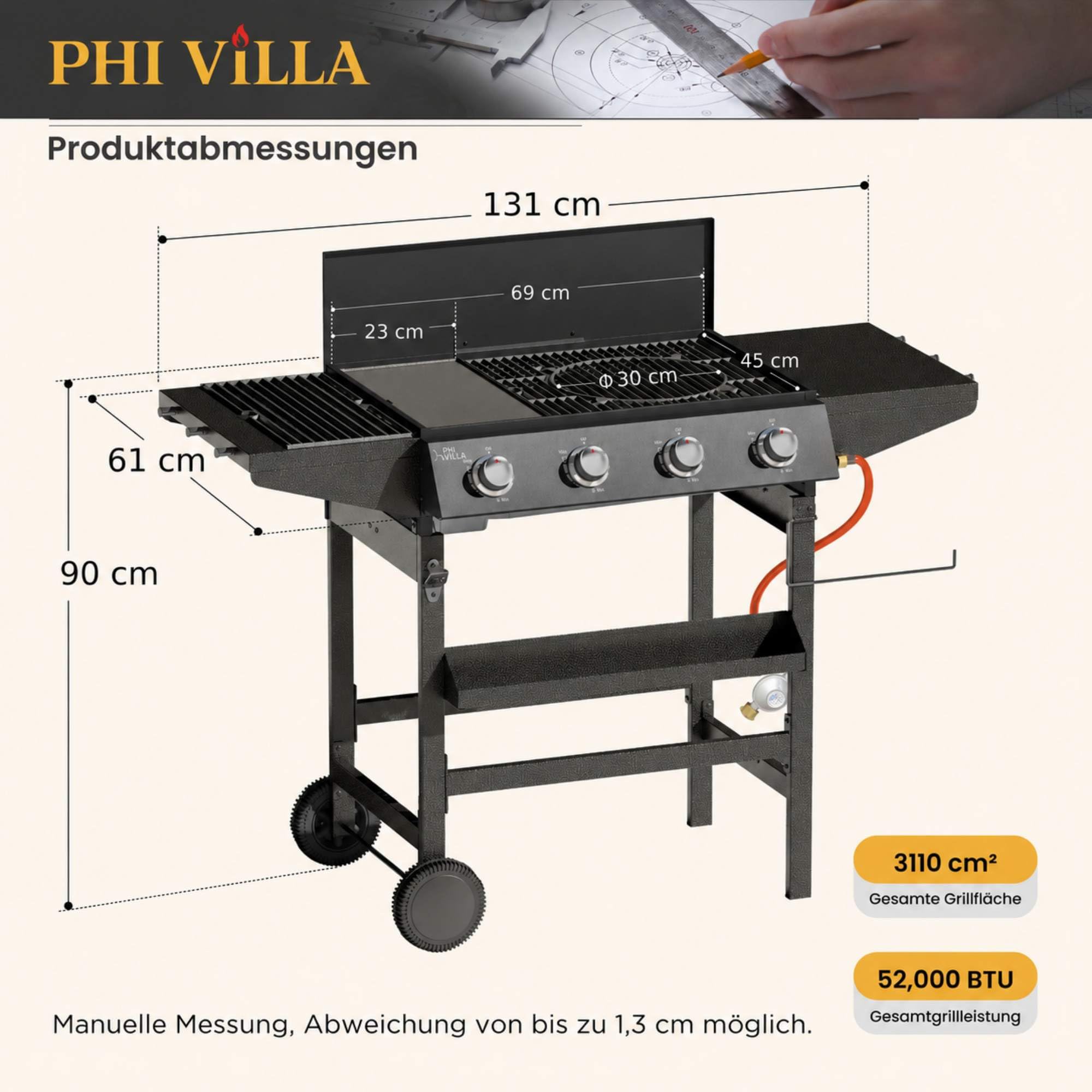 PHI VILLA Gasgrill 4 Brenner mit Plancha Grillplatte, Herausnehmbarer Rundrost Beistelltische, 4 Edelstahlbrenner mit Gasschlauch, 3110 cm² XL BBQ Outdoor Gas Grill für Garten, Terrasse & draußen