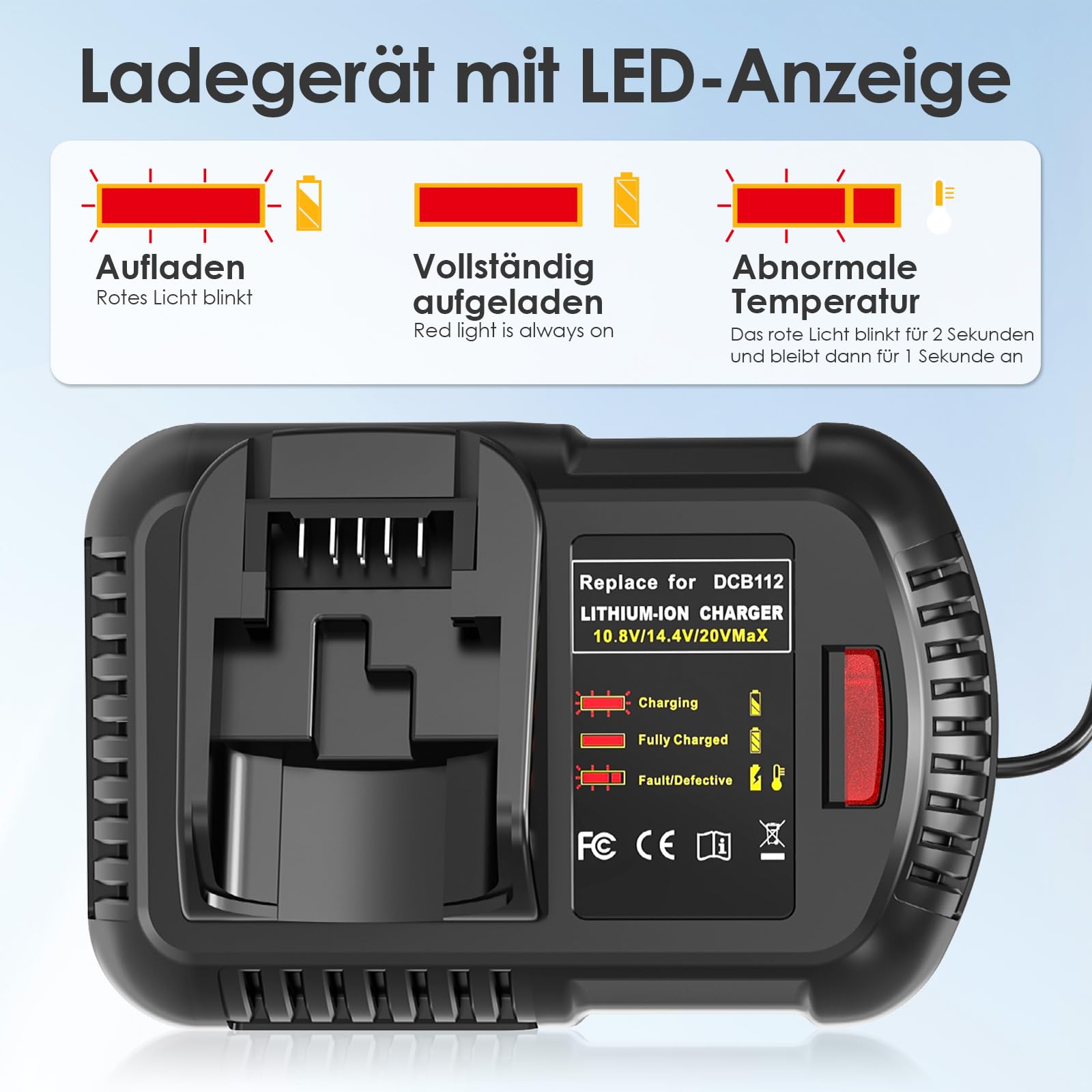 LabTEC Akumulator do Dewalt DCB204 z ładowarką 10,8 V-14,4 V-20 V do DCB112, akumulator litowo-jonowy kompatybilny z DCB120, DCB121, DCB206, DCB205, DCB181, DCB181-XJ