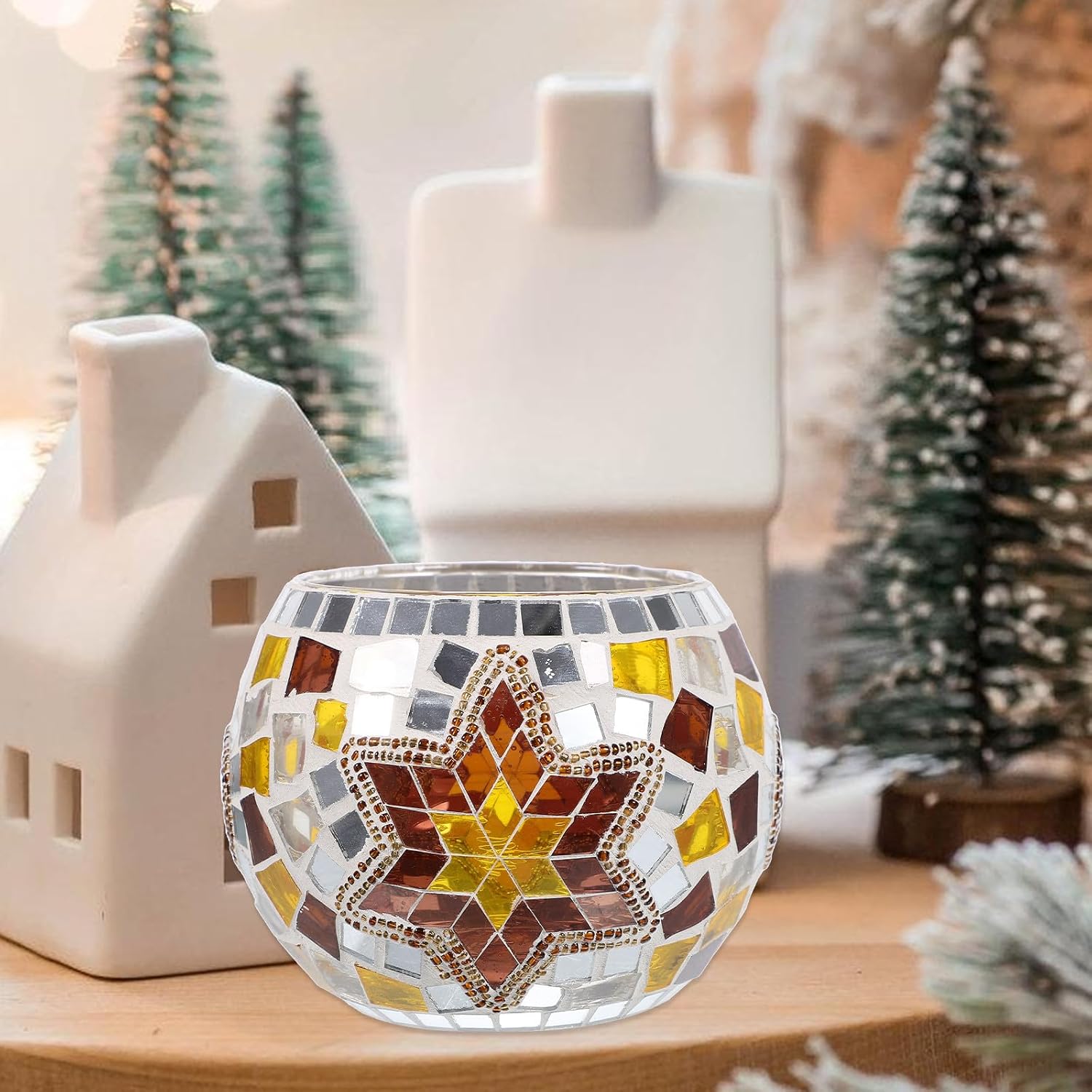 VILLCASE Handmade Mosaic Glass Candlestick Set, Creative Hand Decal Candleholders for Romantic Dining Table Decor, 2pcs Glass Candle Holder Set for Home and Restaurant
