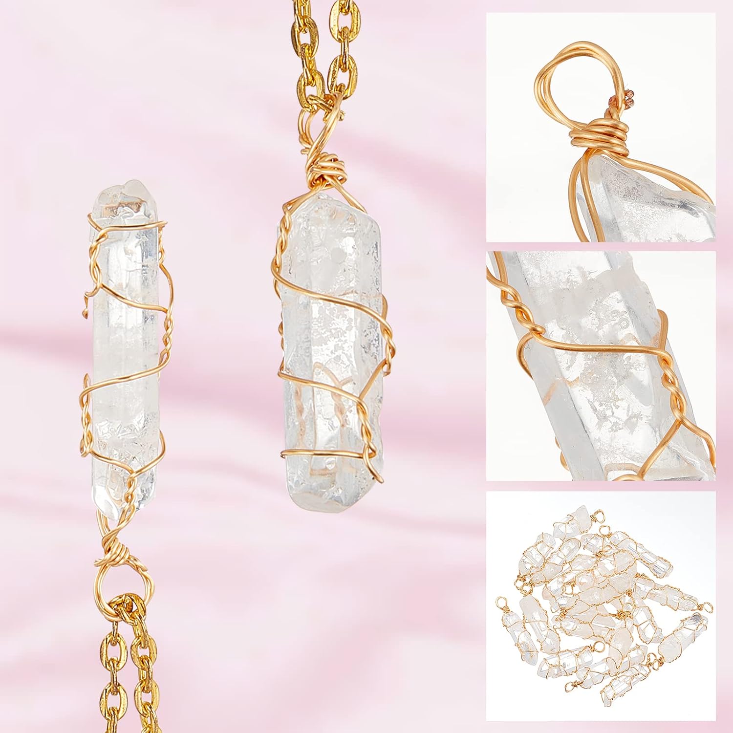 FINGERINSPIRE 20 Pcs Natural Quartz Crystal Pendant Gold Plated Wire Wrapped Quartz Clear Crystal Gemstone Pendant without Chain Irregularly Stones Pendant for Necklaces Earrings Jewelry Making - Image 4
