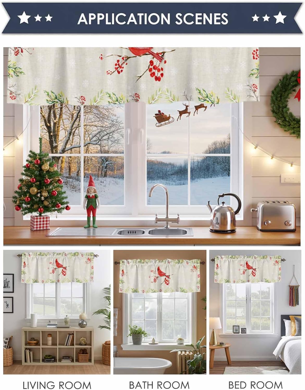 Kitchen Cafe Valance Curtain for Small Windows,Rustic Farm Bird Cardinal Pine Tree Branch Rod Pocket Short Blackout Curtains,Cotton Texture Darkening Window Treatment for Living Room Bedroom Bathroom