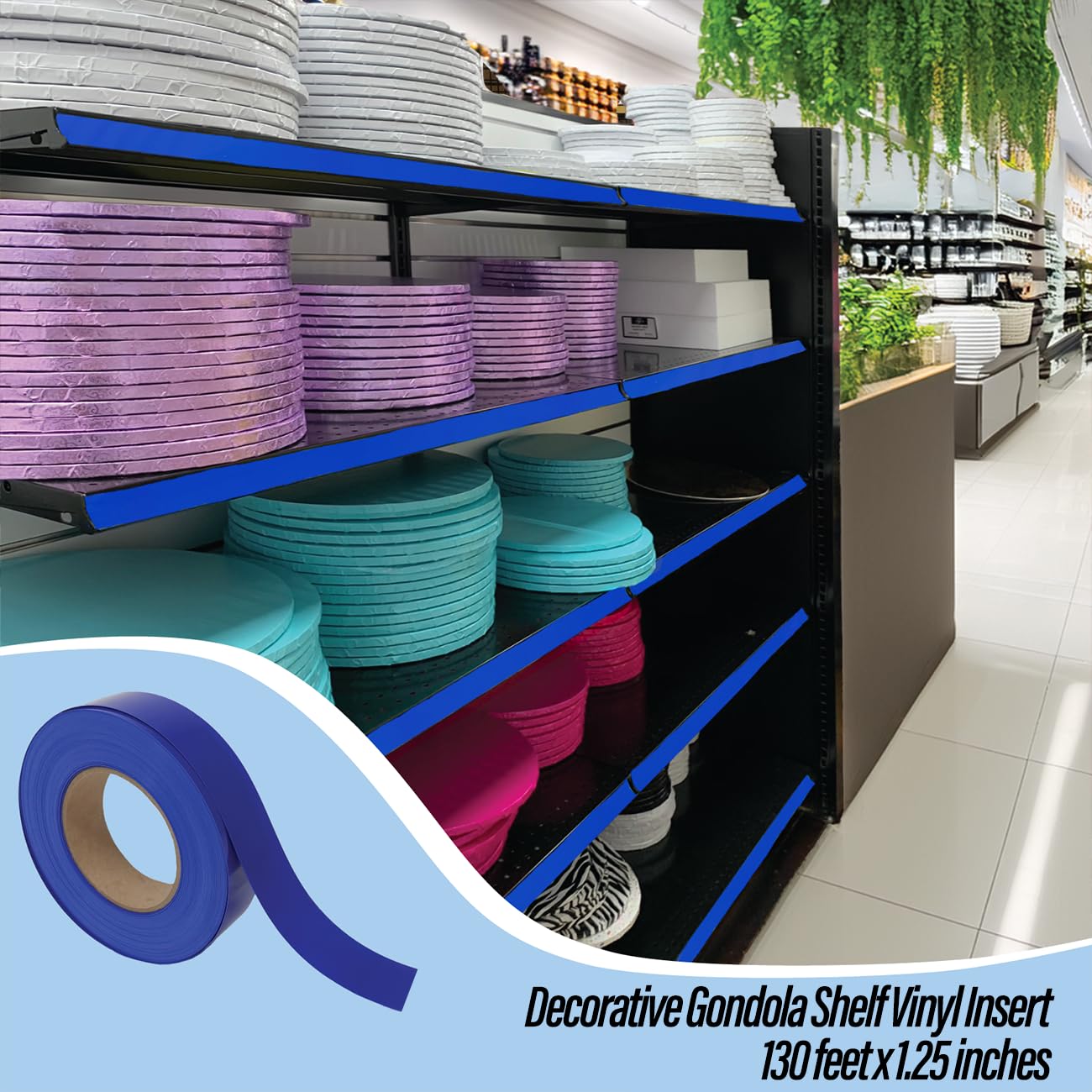 Decorative Gondola Shelving Vinyl Insert for Ticket Channel 130 FT. x 1.25 in. - Blue