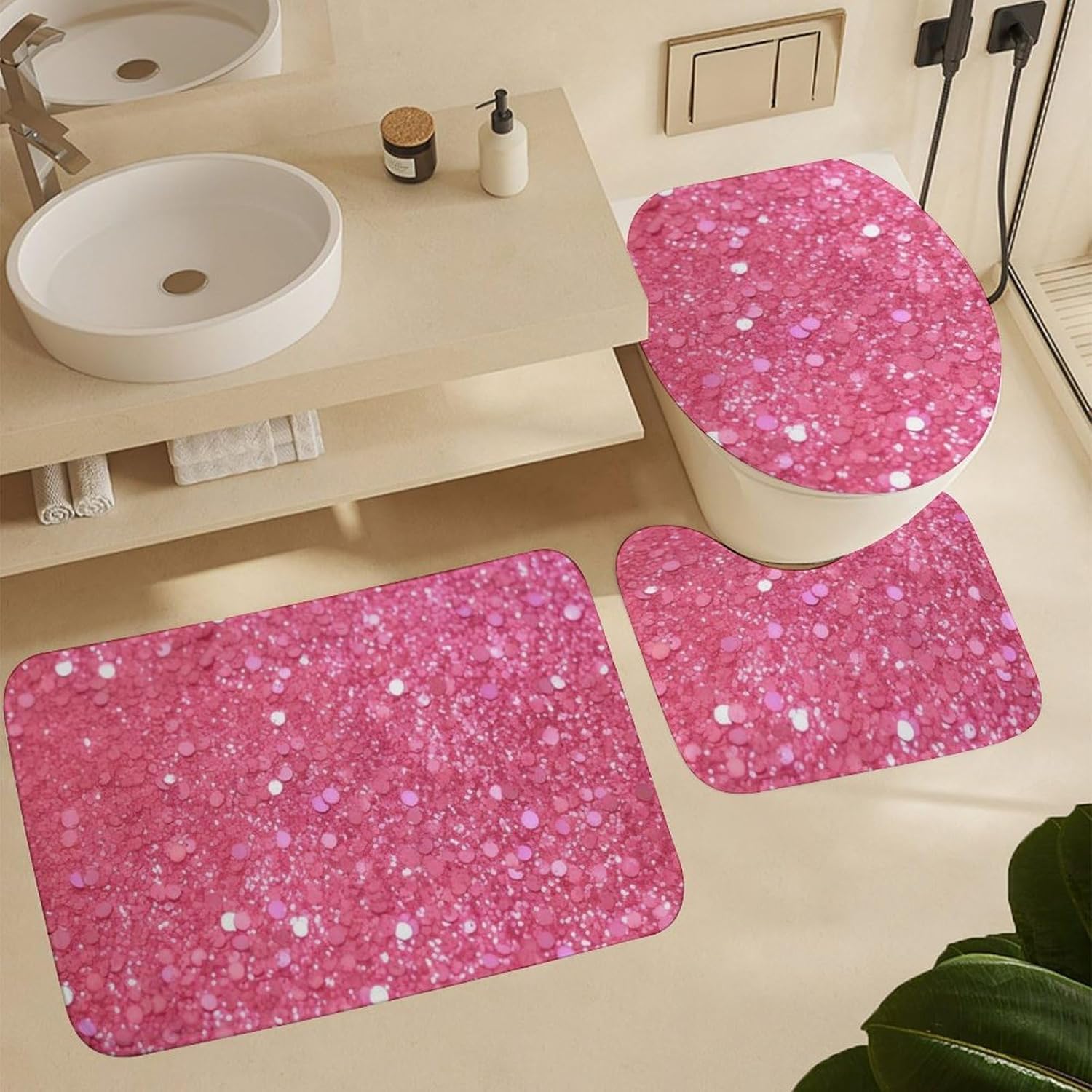 Sparkling Pink Glitter Shower Curtain Set 4 Piece, Non-Slip Bath Mat with Toilet Lid Cover and Waterproof Shower Curtain with 12 Hooks, Complete Bathroom Set for Home Decor