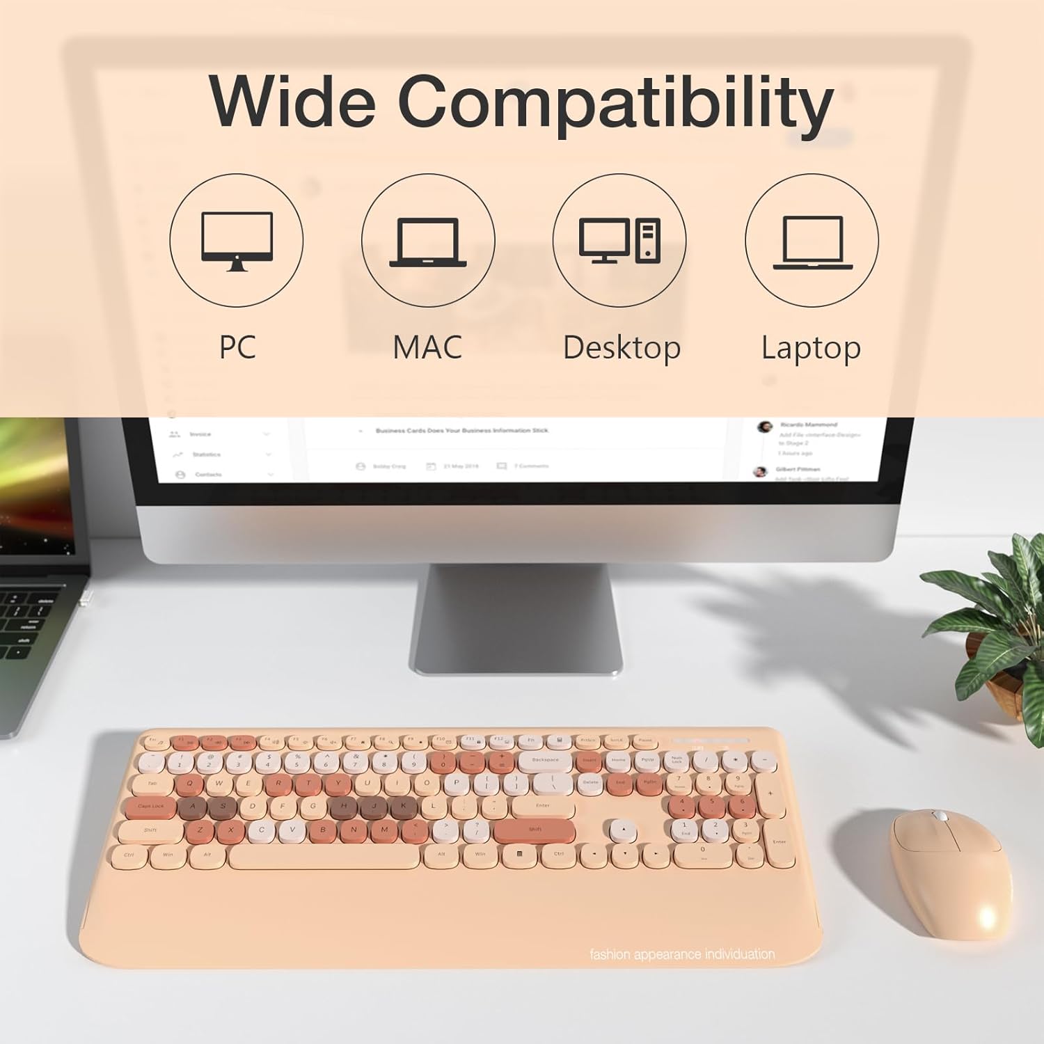 GEEZER Wireless Keyboard and Mouse Combo Milk Tea Color, 106 Keys Less Noise Full-Size 2.4G Ultra-Slim Colorful Keyboards with Palm Rest, One USB Nano Receiver for Windows/Mac/Laptop/PC