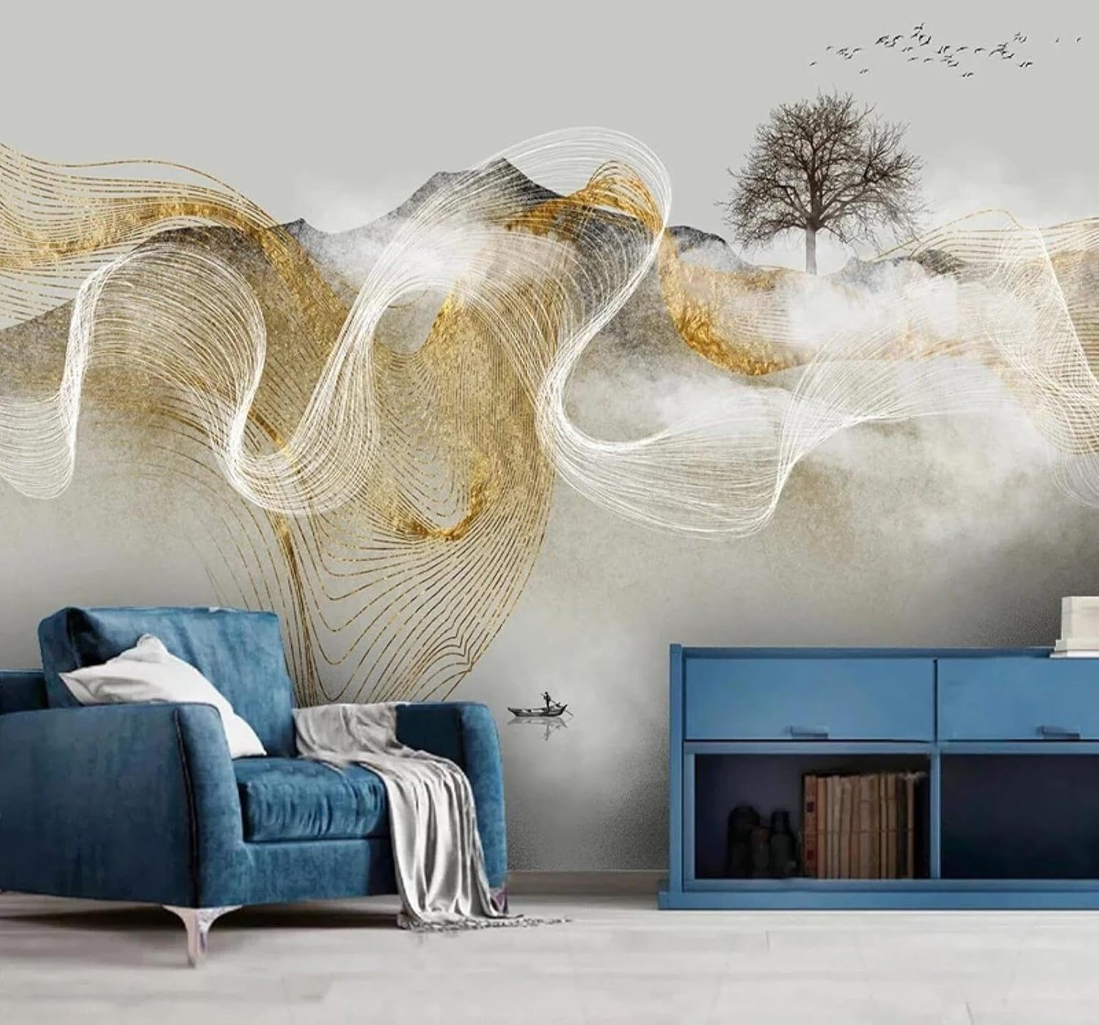XLMING Abstract Hand Drawn Lines Landscape Scenery 3D Wallpaper Premium Textured Silk Study Dining Living Room Bedroom Sofa TV Wall Easy Install-300cm×210cm