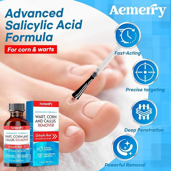 Aemerry Wart Corn Callus Remover for Feet: Liquid Salicylic Acid Plantar Warts Freeze Off, Corns and Calluses Removers for Toes Feet with Maximum Strength, Fast-Acting 3-in-1 Foot Care Solution. 30ml