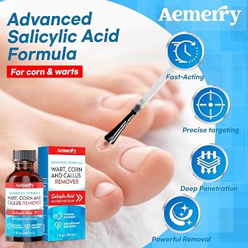 Aemerry Wart Corn Callus Remover for Feet: Liquid Salicylic Acid Plantar Warts Freeze Off, Corns and Calluses Removers for Toes Feet with Maximum Strength, Fast-Acting 3-in-1 Foot Care Solution. 30ml