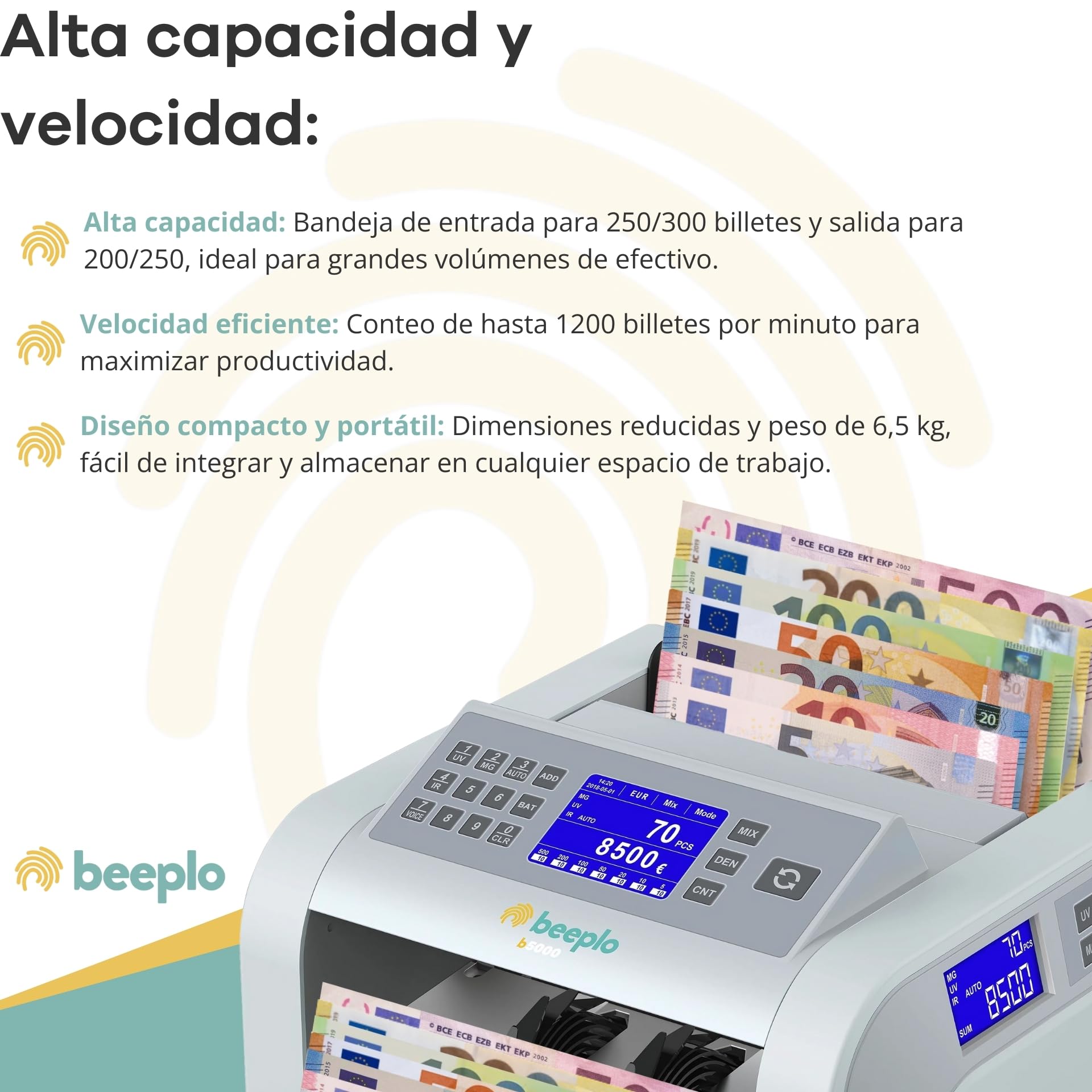 b5000 | Contadora Totalizadora de Billetes EUR | 5 Sistemas de Detección Automática | Precisión Total | Garantía 4 Años