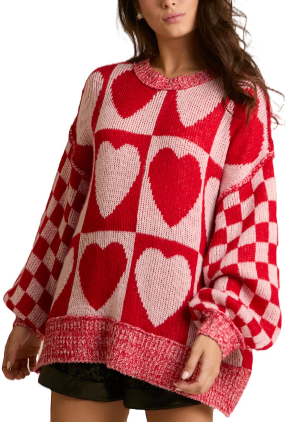 Women Checkered Holiday Oversized Sweater Cute Plaid Print Crewneck Sweatshirt Y2k Knit Puff Sleeve Chunky Jumpers