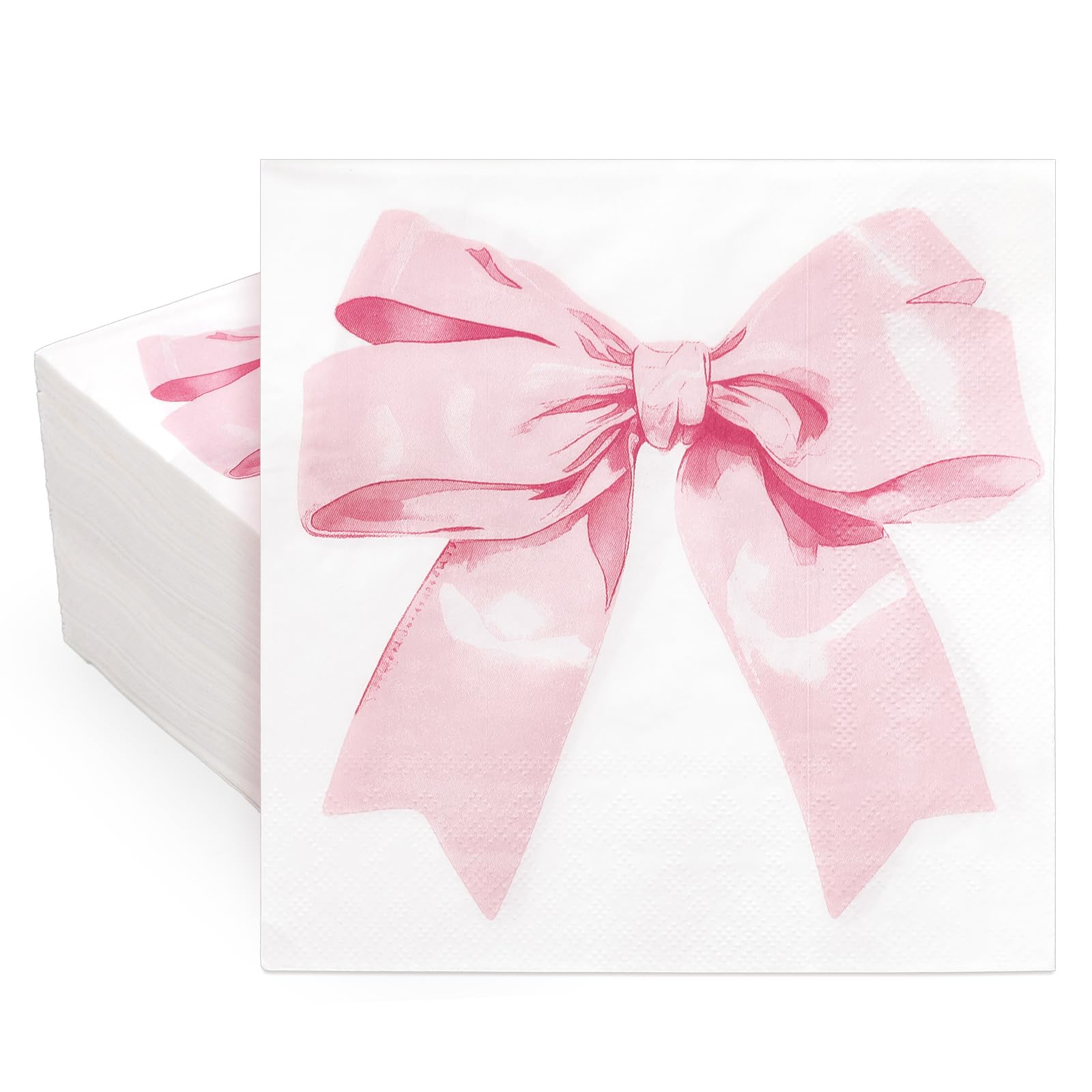JarThenaAMCS 100Pcs Pink Bow Coquette Paper Napkins Watercolor Ribbon Bowknot Disposable Luncheon Dinner Napkins For Birthday Baby Shower Bachelorette
