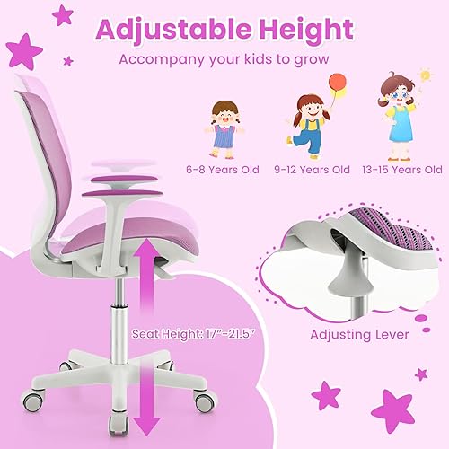 Miniatura 4 de Costzon Silla de escritorio para niños, silla de computadora de estudio de altura ajustable con reposabrazos, ruedas de freno de sentado, silla de