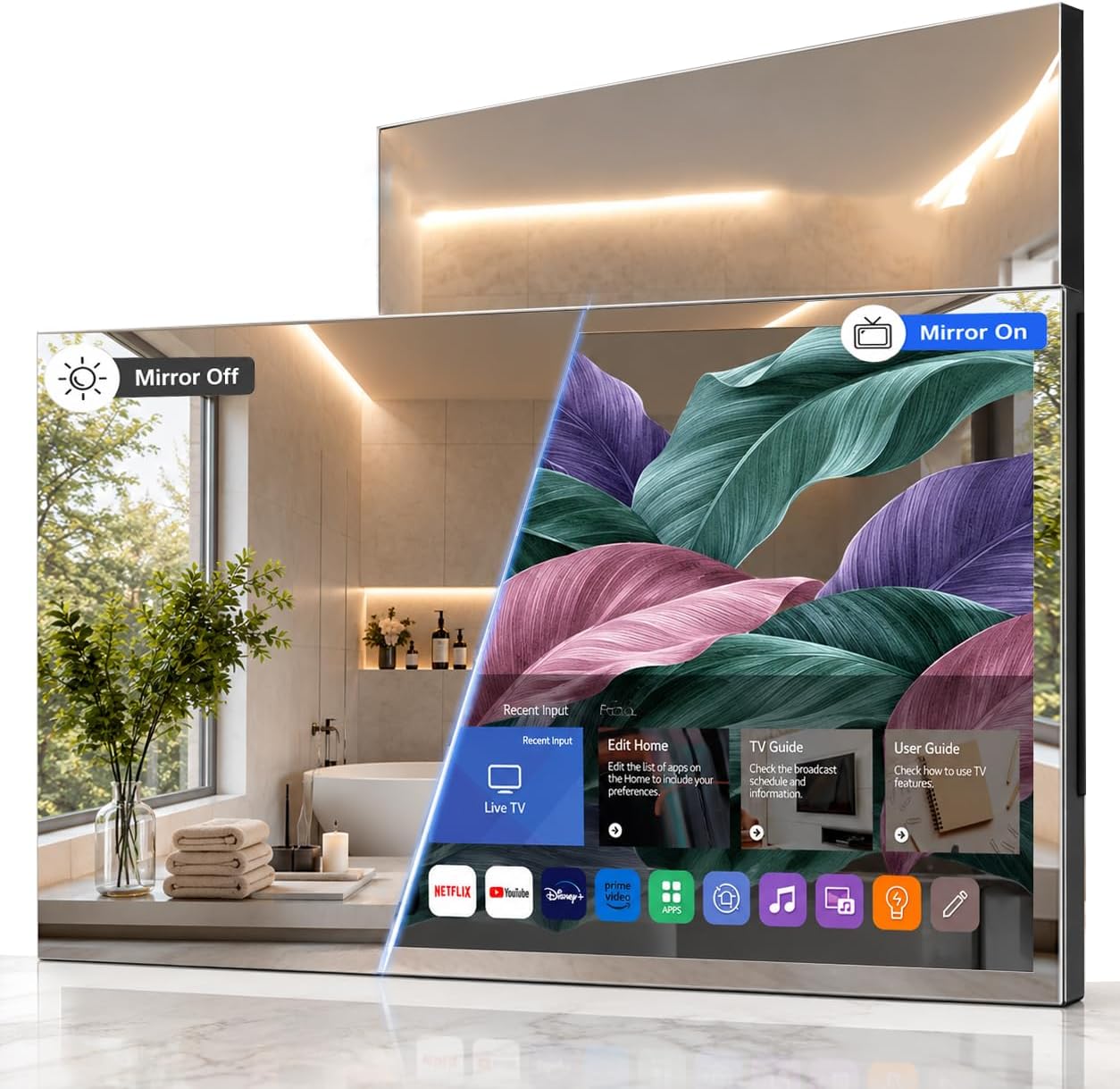 Soulaca 32 inches 4K Smart Mirror TV Waterproof with Built-in WiFi, Voice Control, ATSC DTV Tuner Bluetooth UHD LED Display for Bathroom, Hotel, Kitchen Modern Home Use
