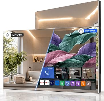 Soulaca 32 inches 4K Smart Mirror TV Waterproof with Built-in WiFi, Voice Control, ATSC DTV Tuner Bluetooth UHD LED Display for Bathroom, Hotel, Kitchen Modern Home Use
