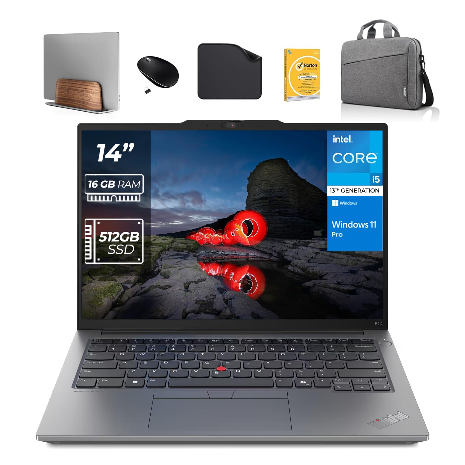 Lenovo Business Laptop ThinkPad E14 Gen 5 - Includes 1st Wave Vertical Laptop Stand+ Wireless Mouse+ Laptop Bag+ Antivirus+ 1st Wave Mouse Pad, Core i5-1335U, 16GB RAM 512GB SSD, Win 11 Pro (Upgrade)