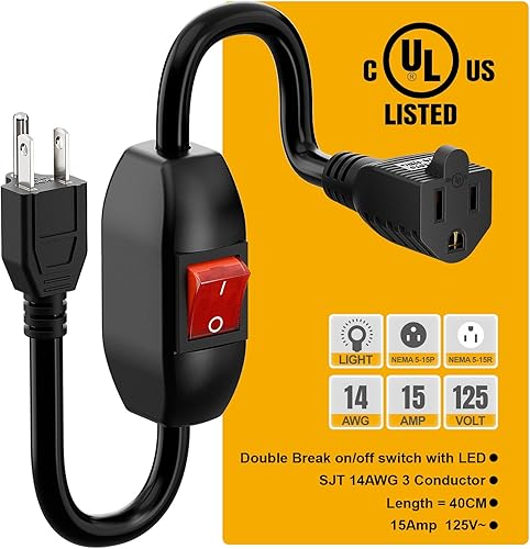 Miniatura 5 de Cable de extensión de interruptor de encendido/apagado en línea, cable de alimentación conmutable para el hogar de 3 puntas, resistente 23A 125V,
