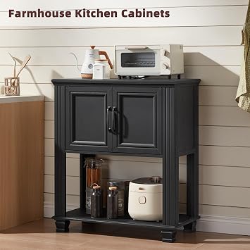 SAVOR LIFE Farmhouse Coffee Bar Cabinet with Open Shelf, Black