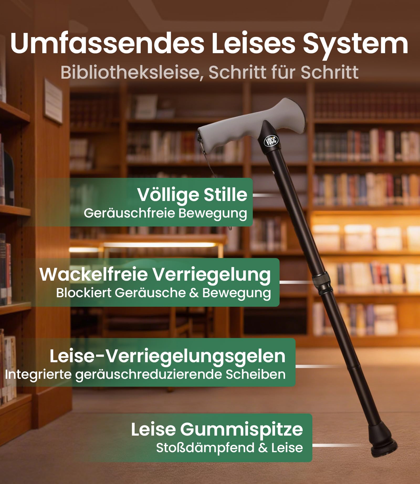 VOCIC G01 Gehstock für Herren und Damen,10-Fach verstellbar,158kg Tragkraft | Spazierstock klappbar mit stoßdämpfender Spitze & praktischer Reisetasche,Gehhilfe für Senioren & Erwachsene, Tiefschwarz