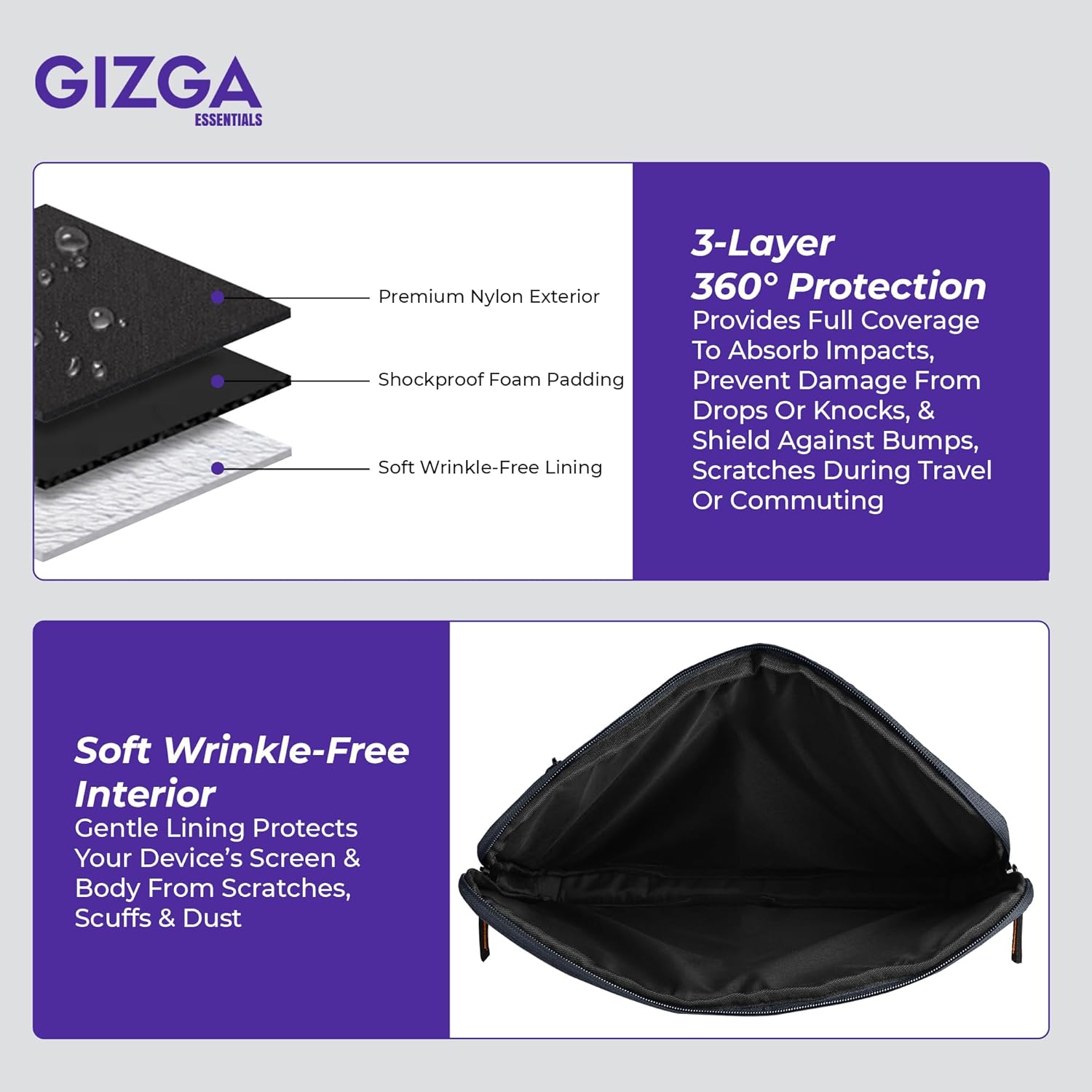 Gizga Essentials 13.3 Inch Laptop Sleeve Case Cover Pouch Bag with Handle & Front Pocket| Slim & Water-Resistant Nylon Fabric with Shockproof Foam Padding, Soft Lining & Premium Zipper Closure (Black) 42 717JtbawmTL. SL1500
