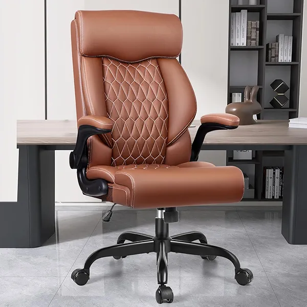 BestGlory High Back Executive Office Chair - Ergonomic Computer Desk with Rocking Function, Leather Managerial with Adjustable Flip-Up Armrests and Lumbar Support