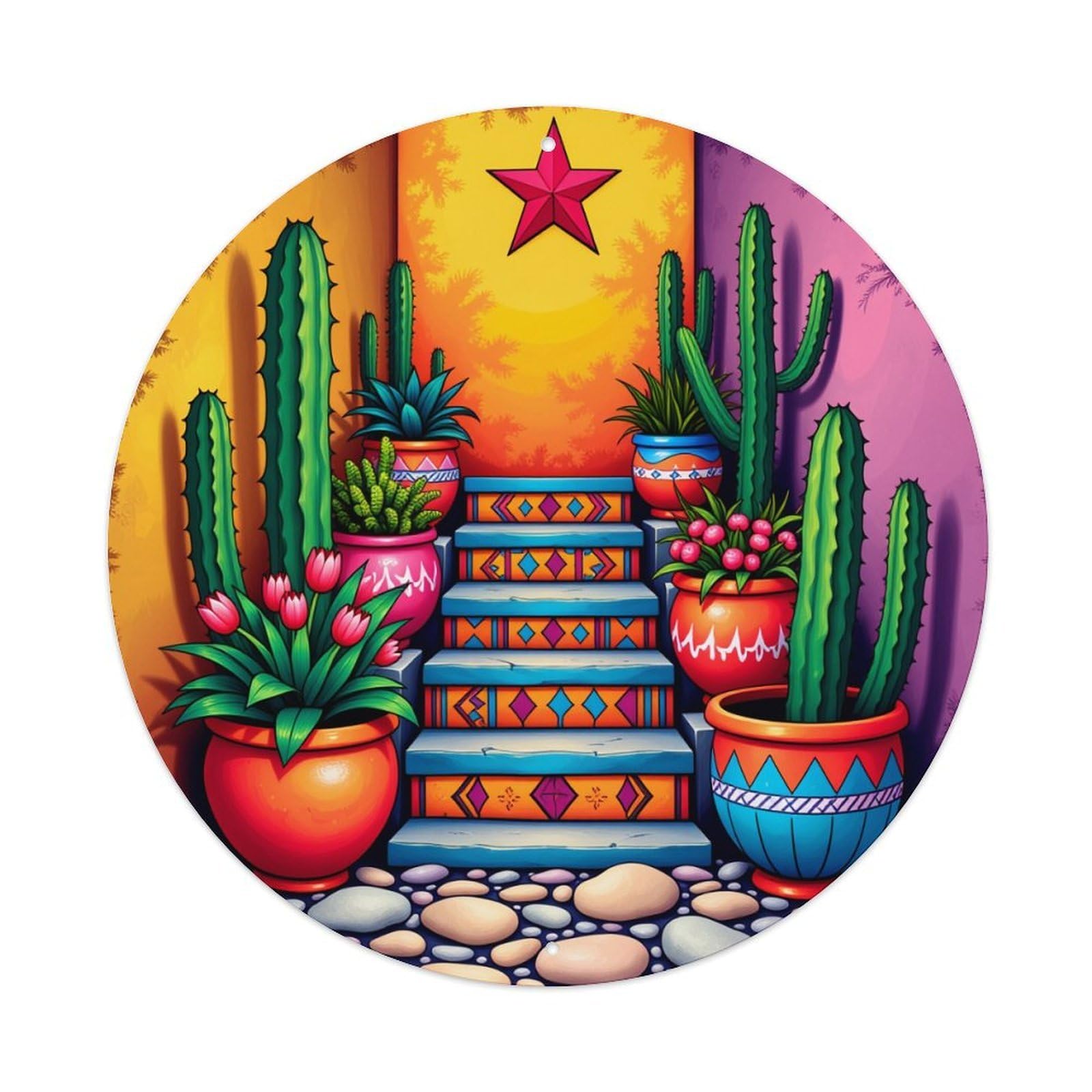 Colorful Cactus Garden Stairs Pattern Round Tin Sign Vintage Metal Sign Home Bar Garden Indoor & Outdoor Wall Decor Retro Metal Poster 8x8 Inch