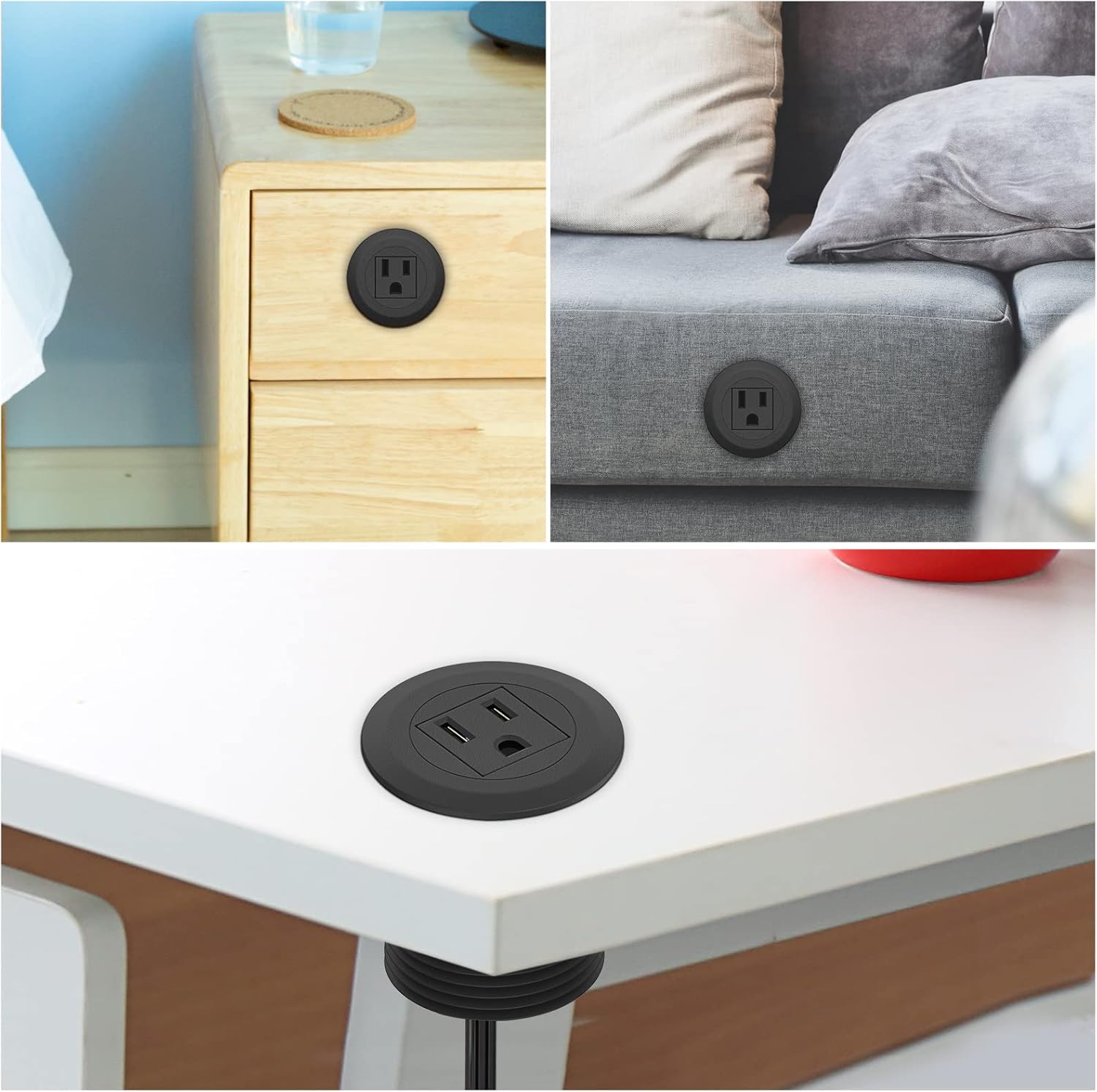Mini Desktop Power Hub Grommet Socket, Flush-Mount Desk Outlet Build-in 1 US Standard Outlet with 6.56 FT Extension Power Cord, Recessed Power Strip Socket for Desk Nightstand Cabinet Counter